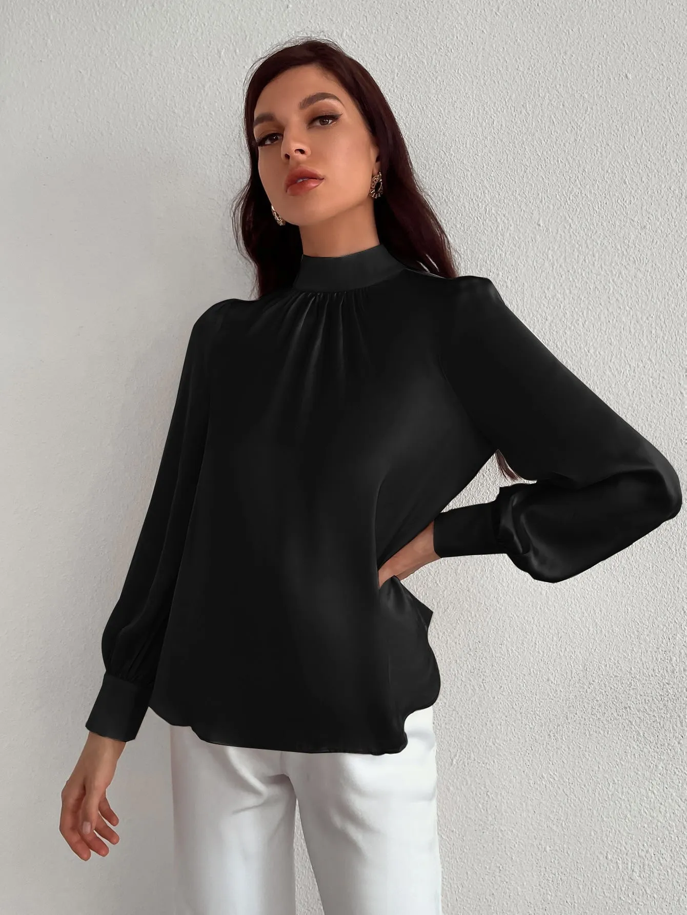 Satin Mock Neck Puff Sleeve Blouse