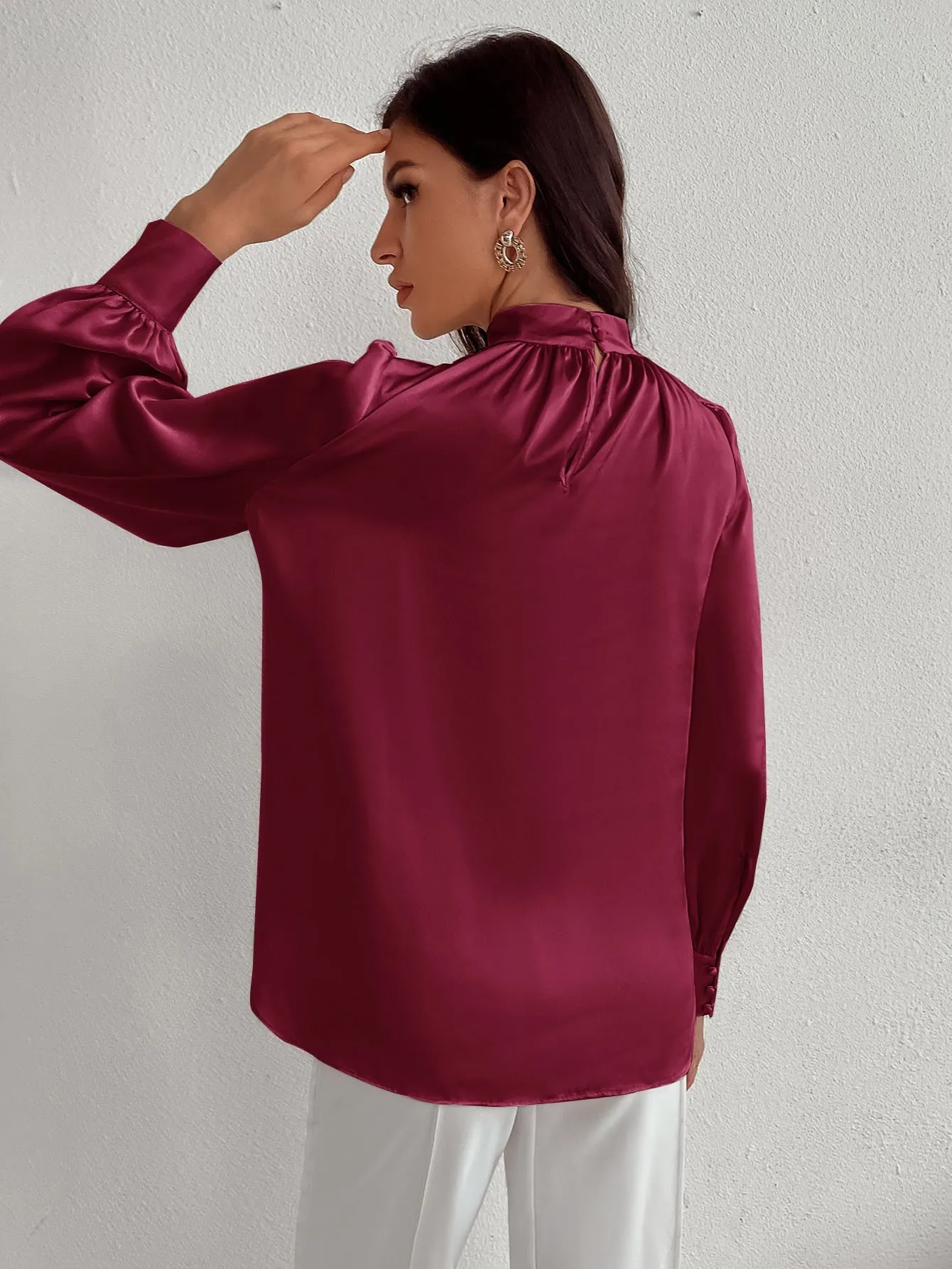 Satin Mock Neck Puff Sleeve Blouse