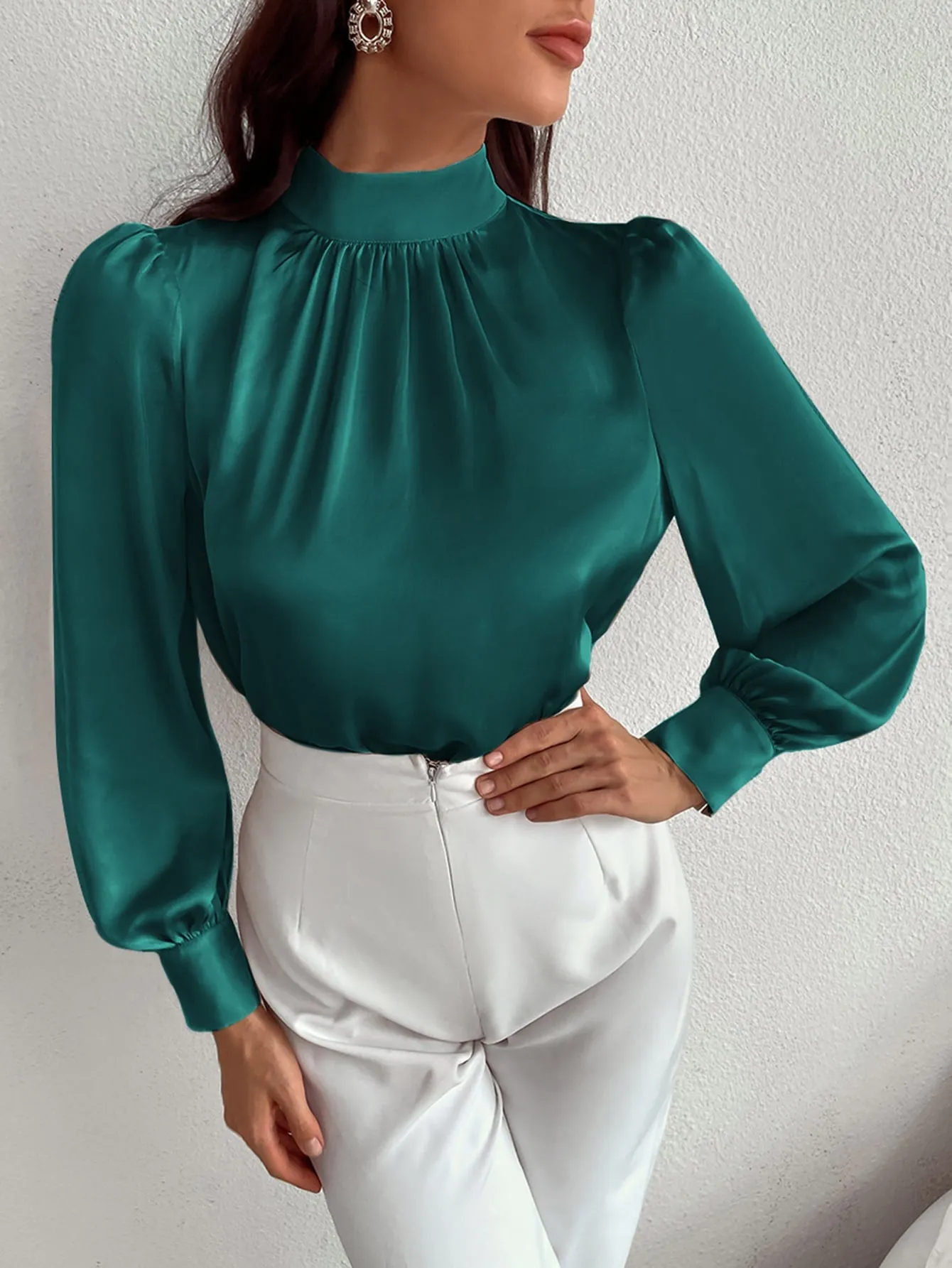 Satin Mock Neck Puff Sleeve Blouse