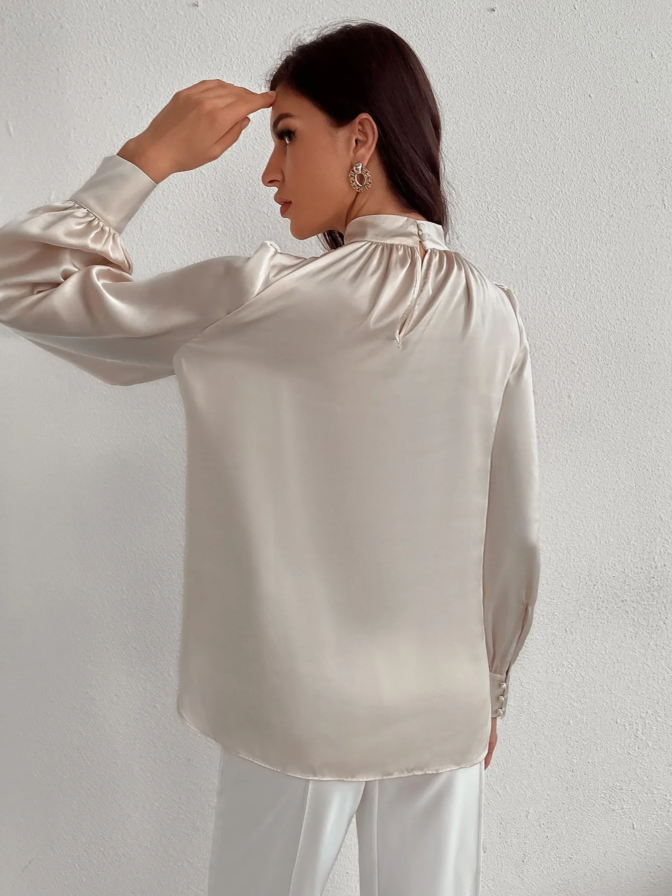 Satin Mock Neck Puff Sleeve Blouse