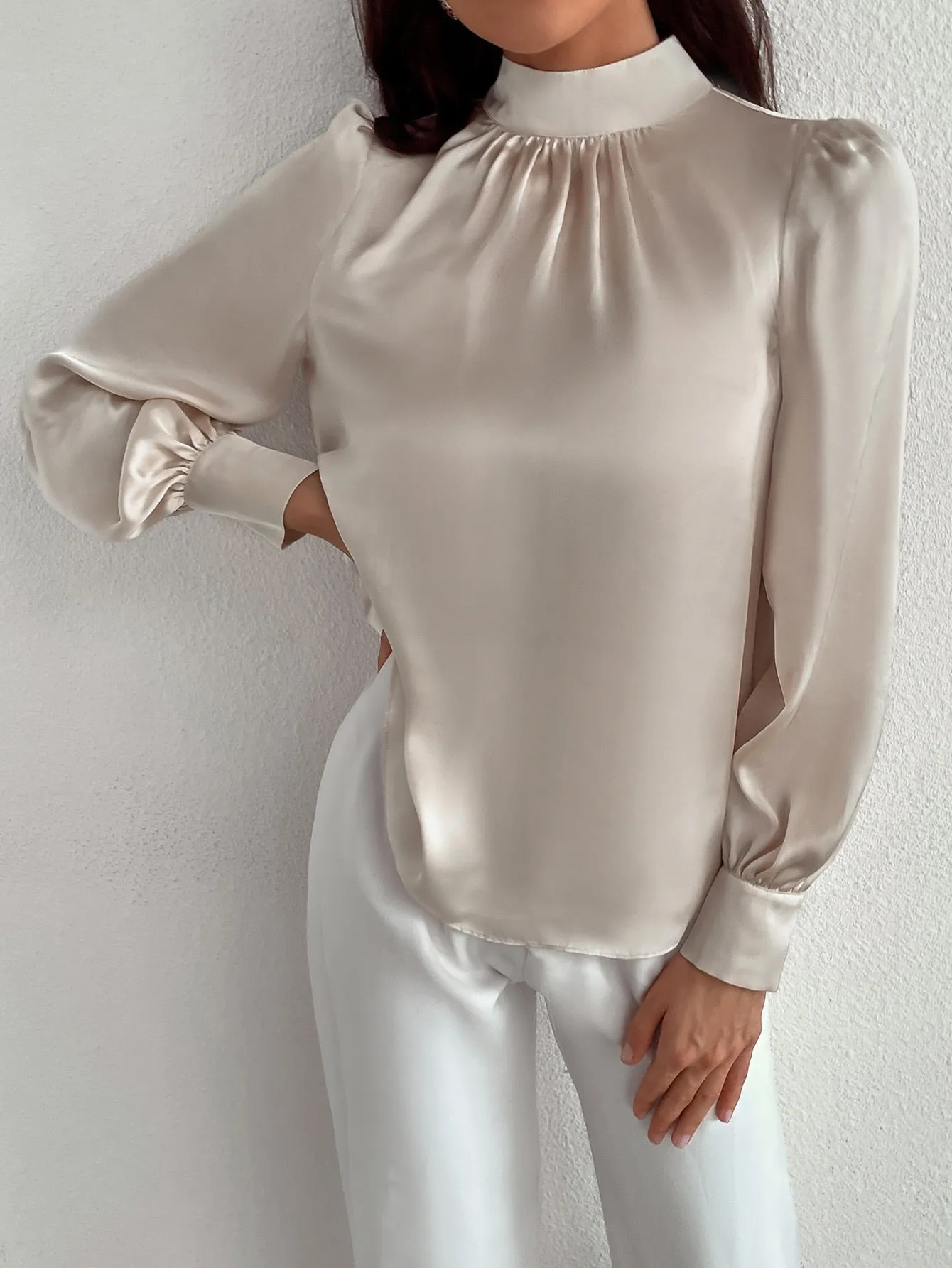 Satin Mock Neck Puff Sleeve Blouse
