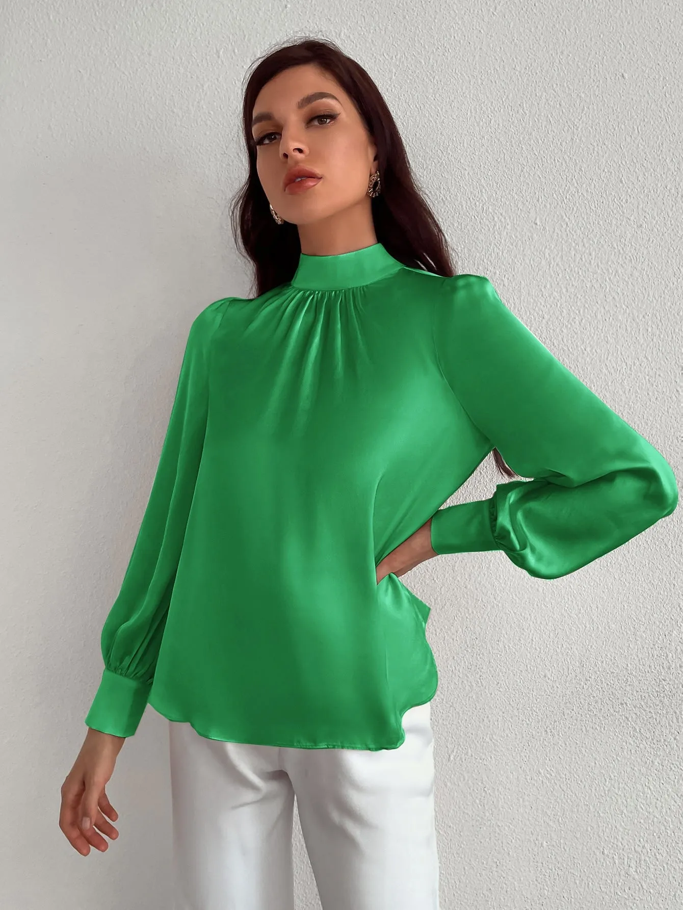 Satin Mock Neck Puff Sleeve Blouse