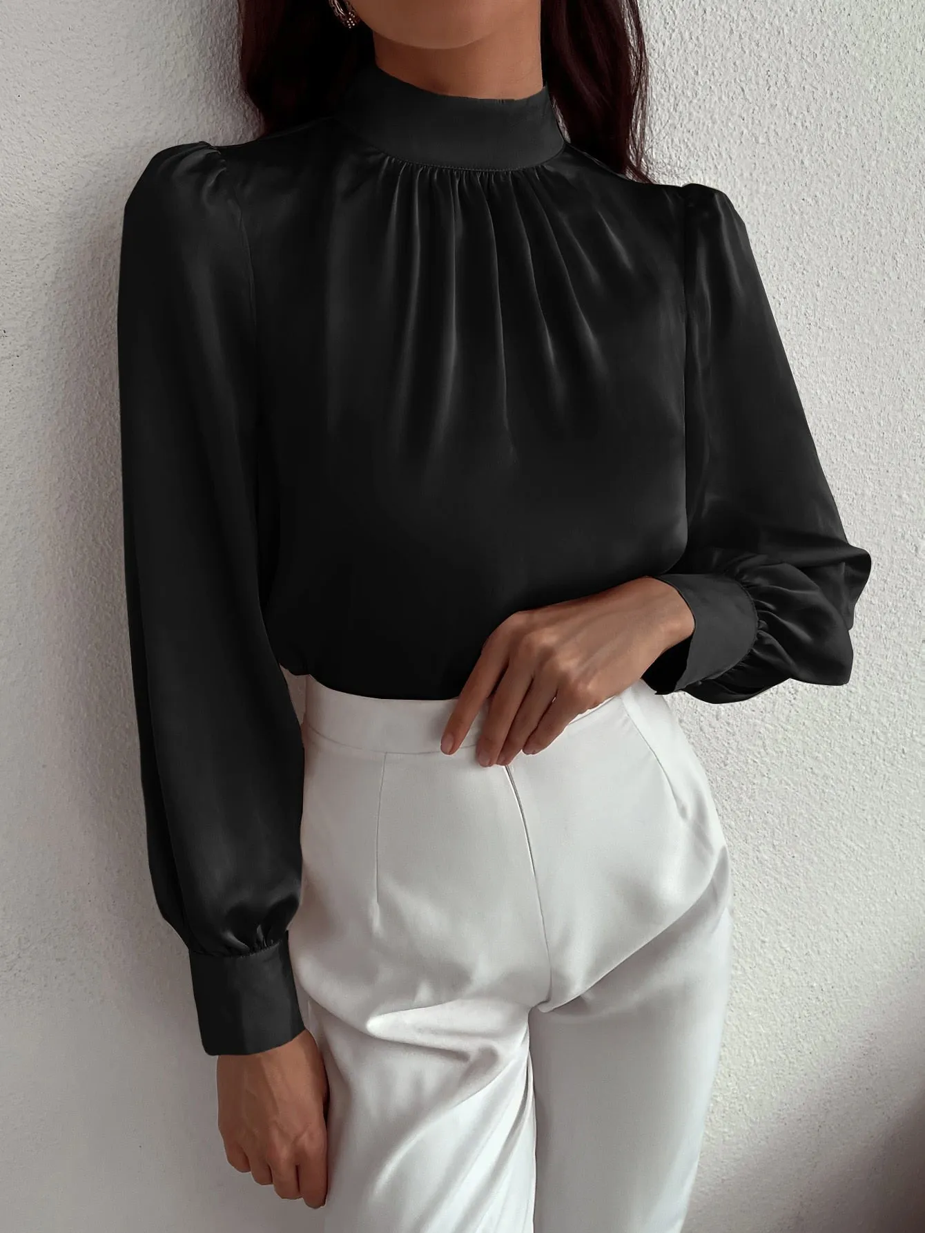 Satin Mock Neck Puff Sleeve Blouse