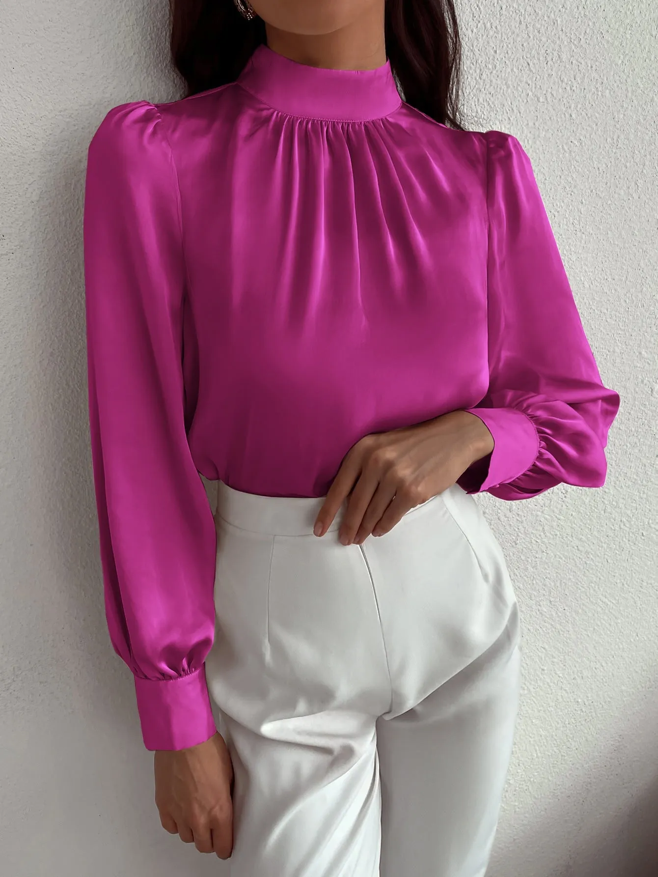 Satin Mock Neck Puff Sleeve Blouse