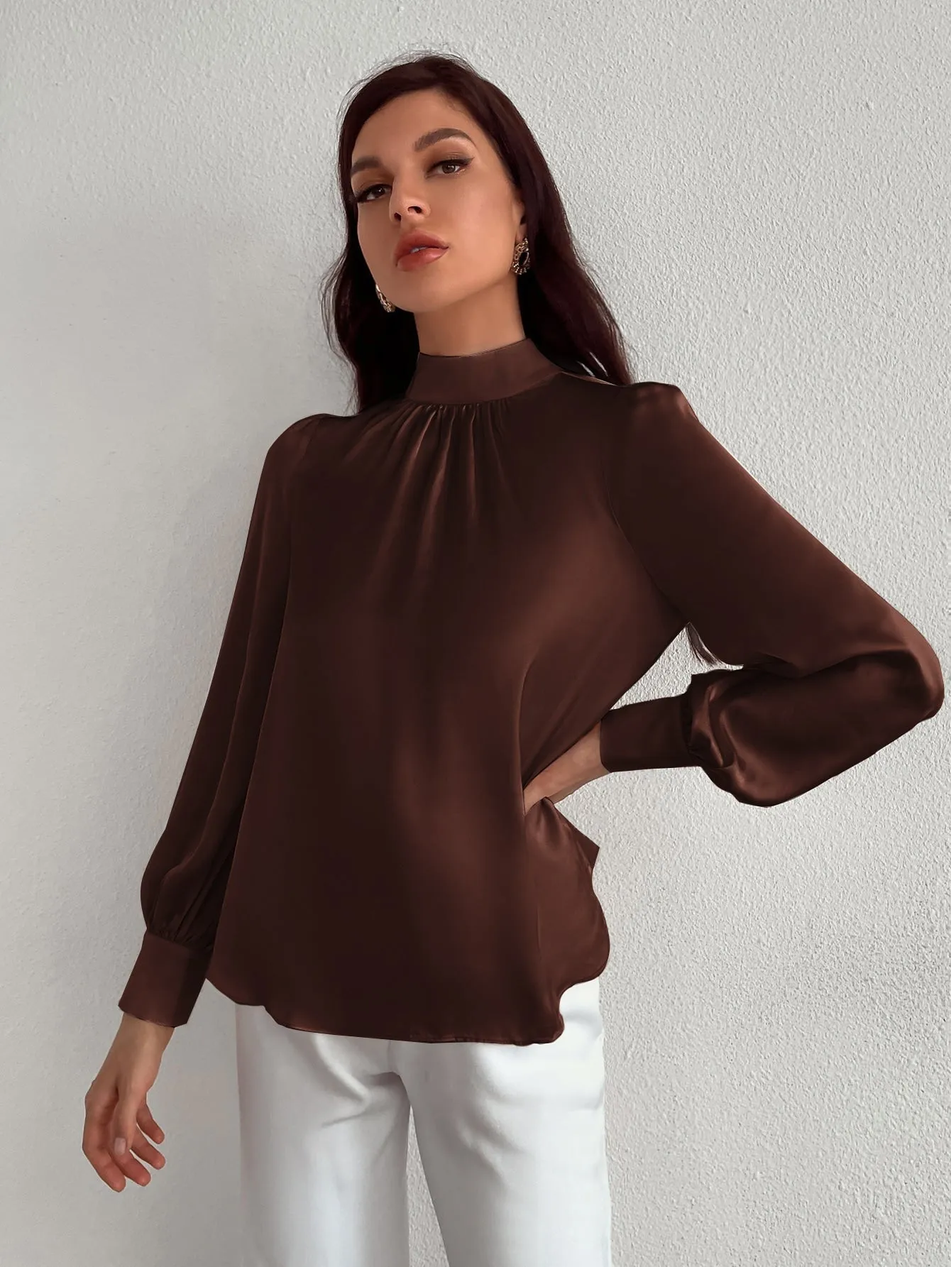 Satin Mock Neck Puff Sleeve Blouse
