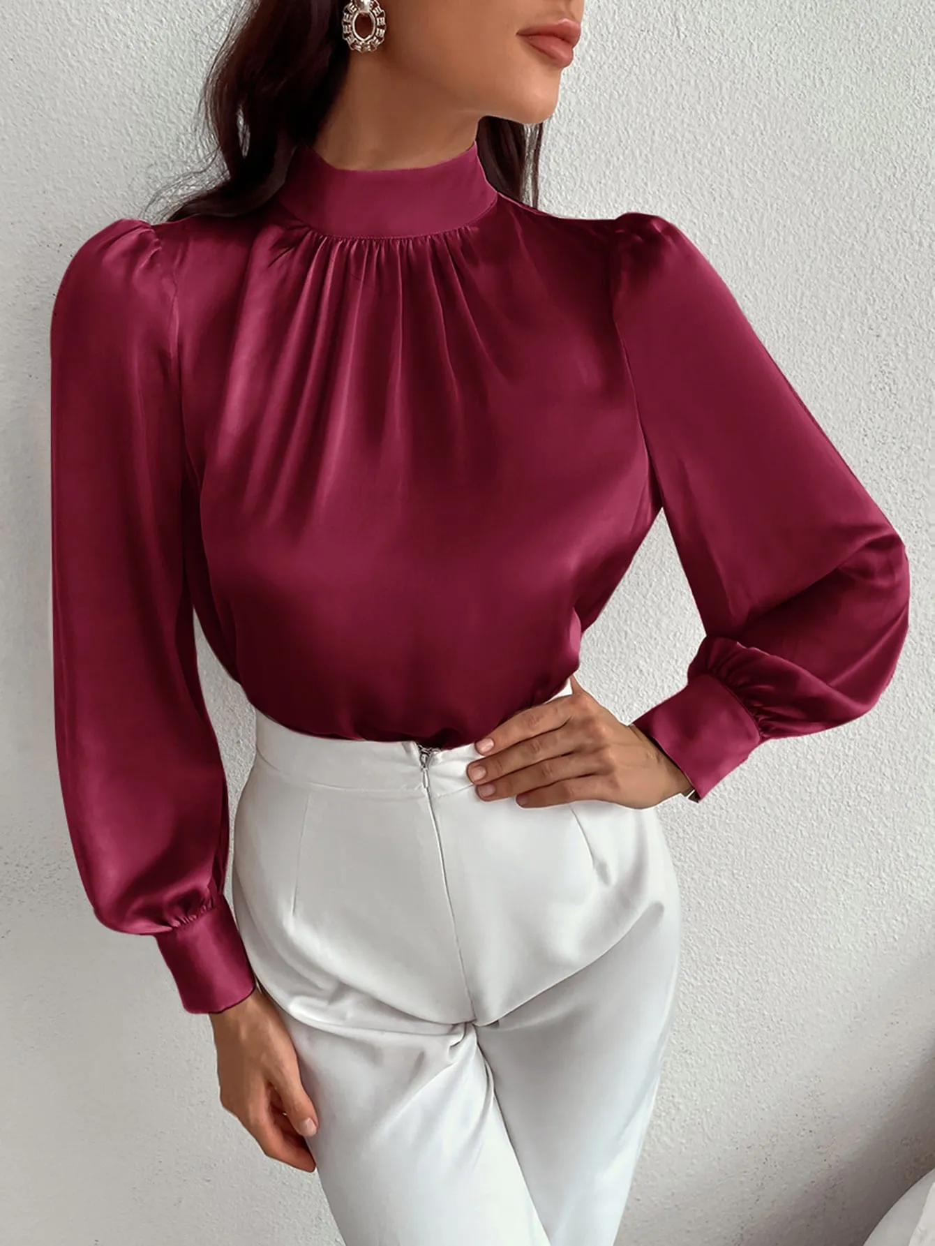 Satin Mock Neck Puff Sleeve Blouse