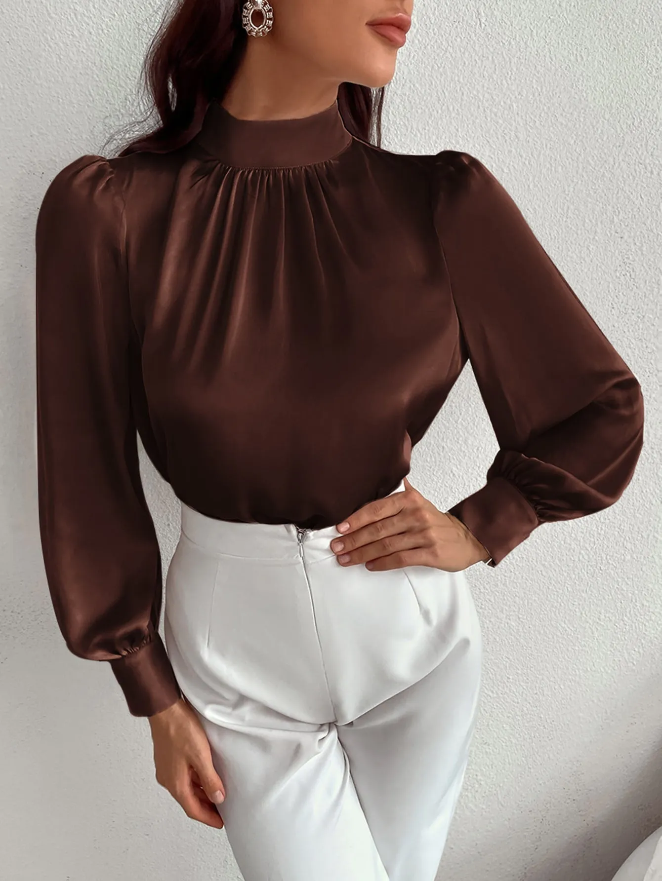 Satin Mock Neck Puff Sleeve Blouse
