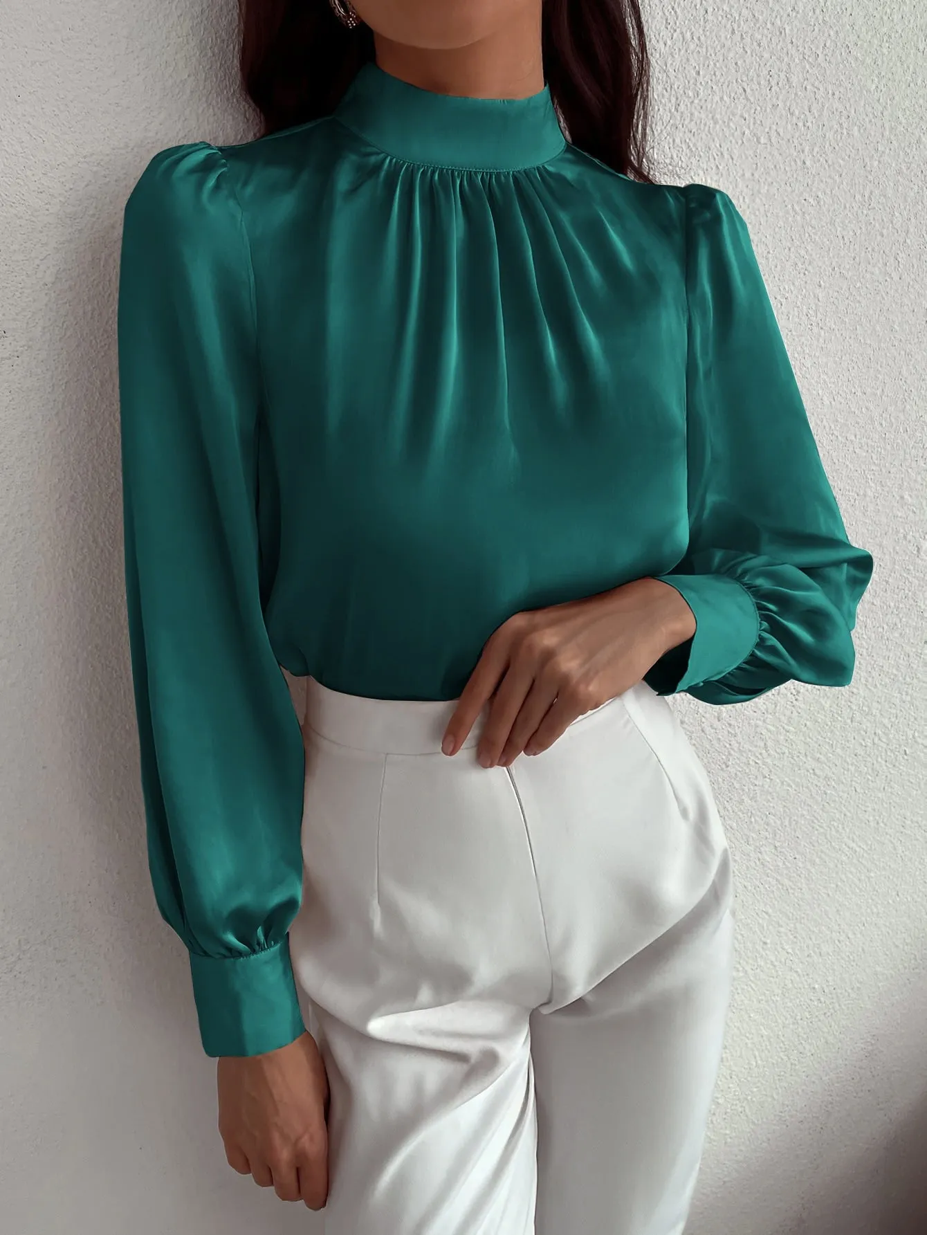 Satin Mock Neck Puff Sleeve Blouse