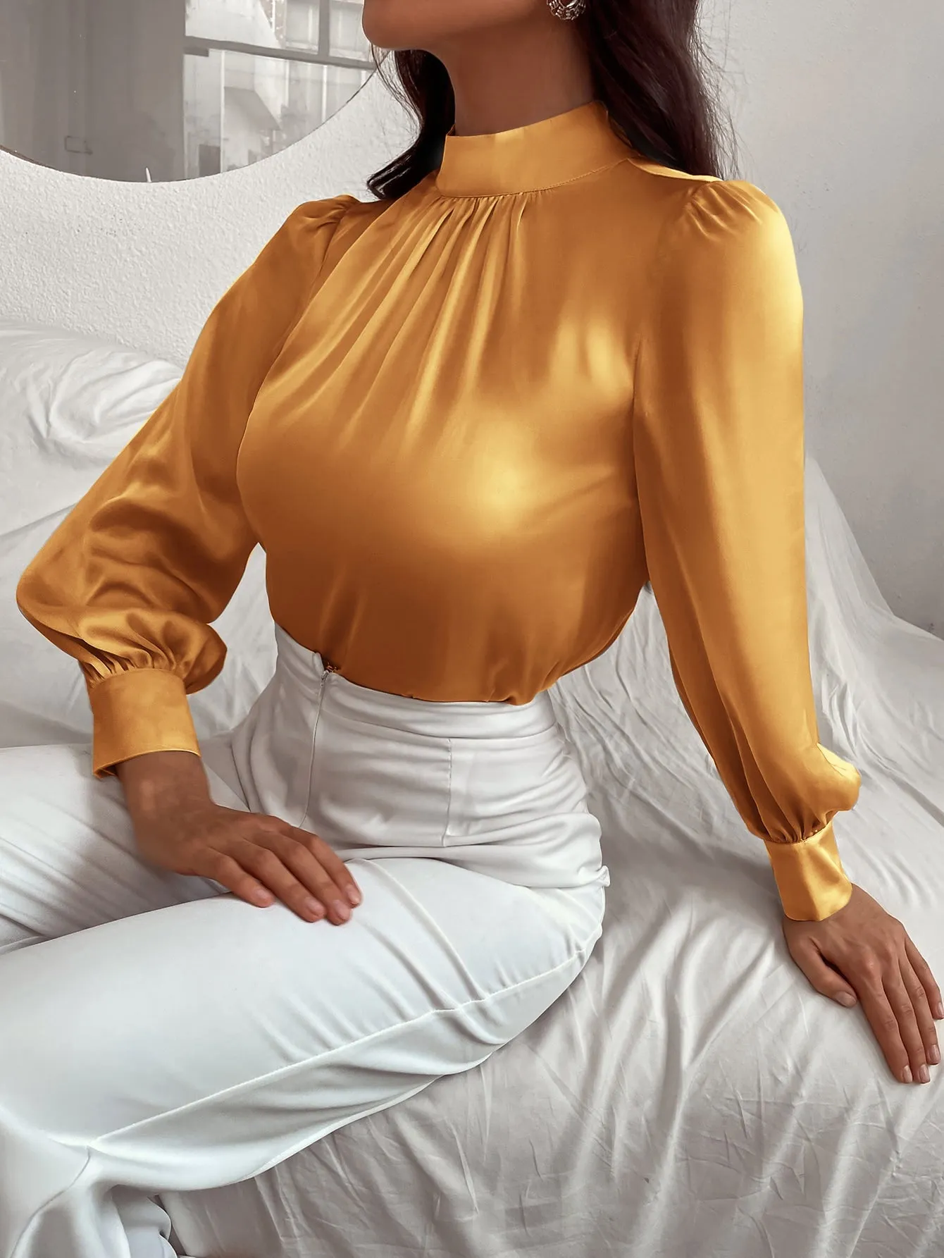 Satin Mock Neck Puff Sleeve Blouse