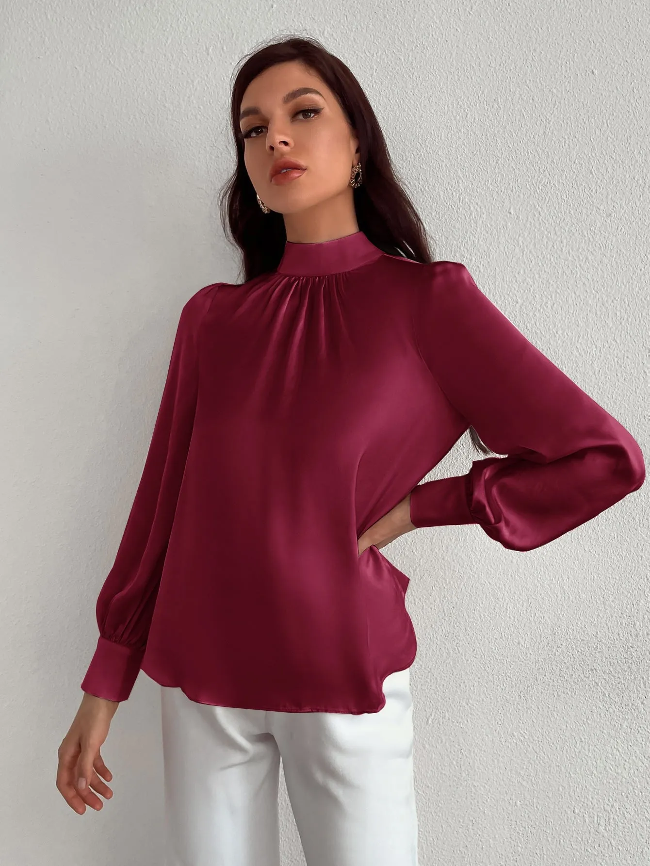 Satin Mock Neck Puff Sleeve Blouse