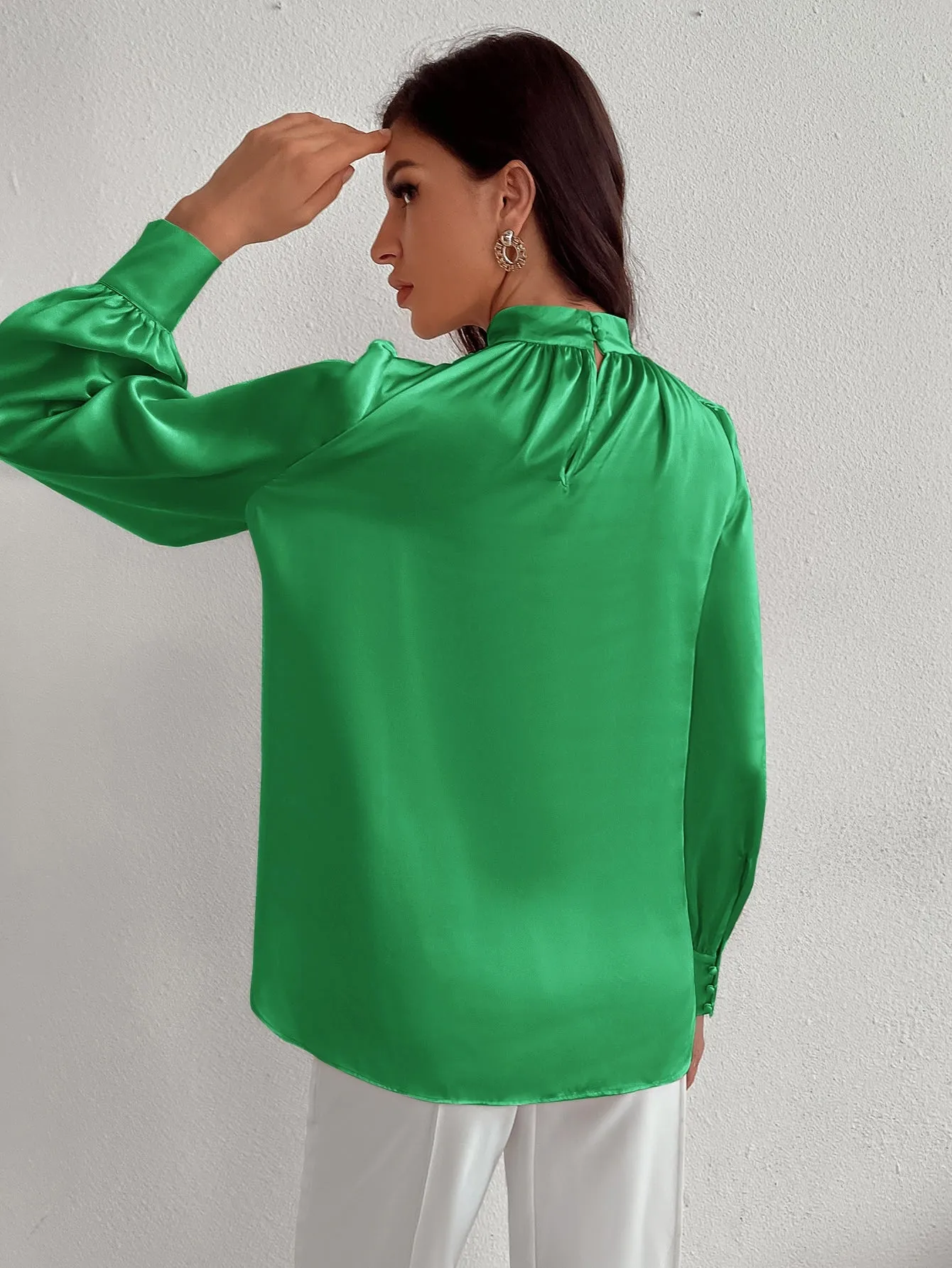 Satin Mock Neck Puff Sleeve Blouse