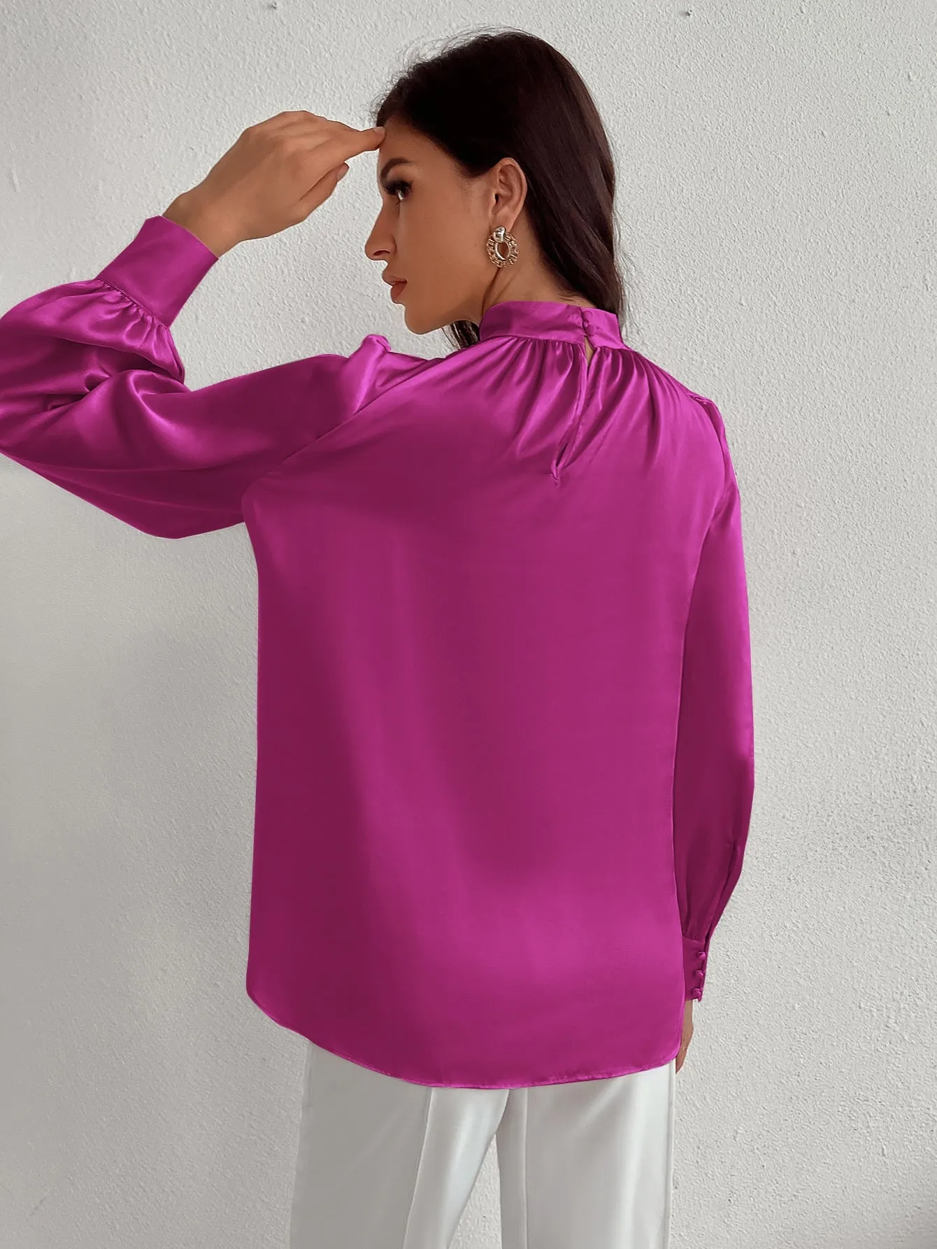 Satin Mock Neck Puff Sleeve Blouse