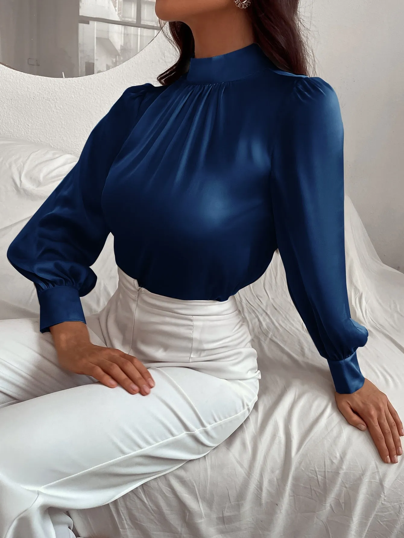 Satin Mock Neck Puff Sleeve Blouse