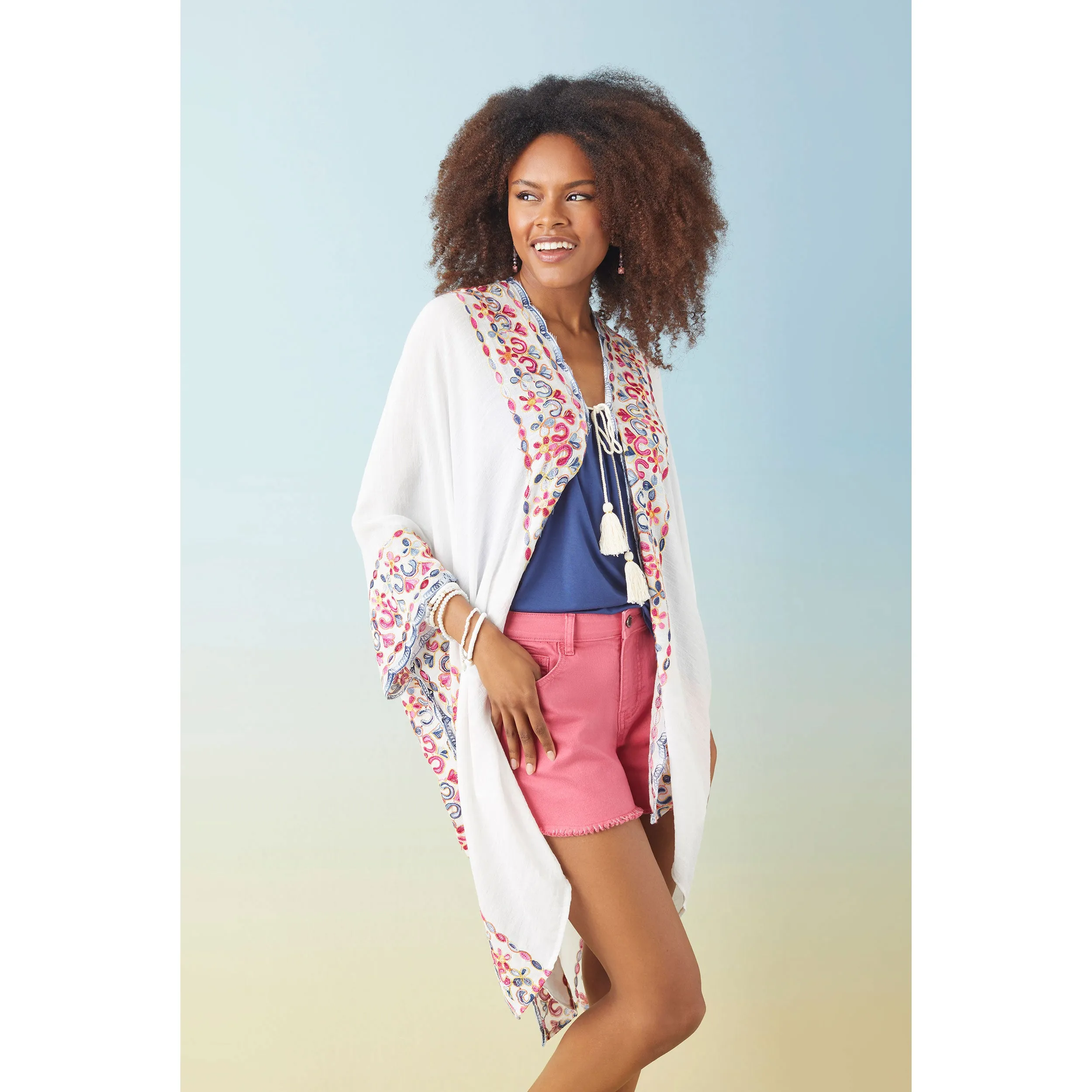 Senna Tie Front Ruana - White/Blue/Pink
