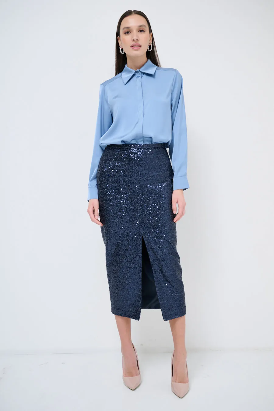 Sequin pencil skirt with front slit wholesale