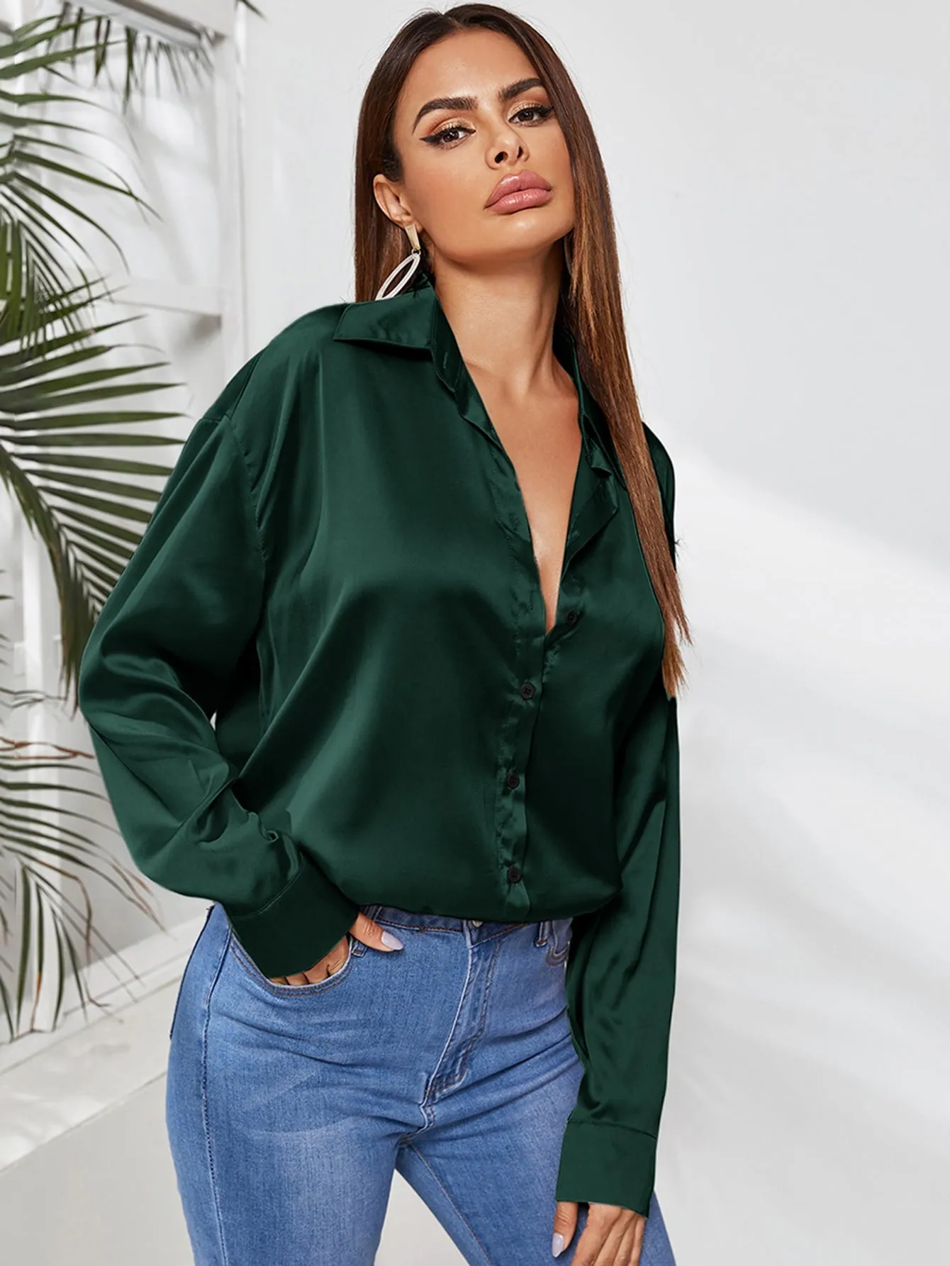 Solid Button Through Satin Blouse
