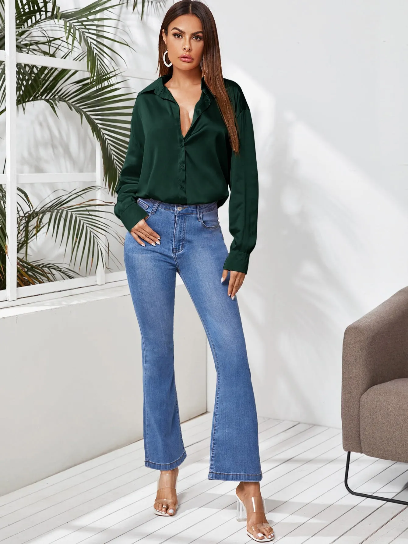 Solid Button Through Satin Blouse