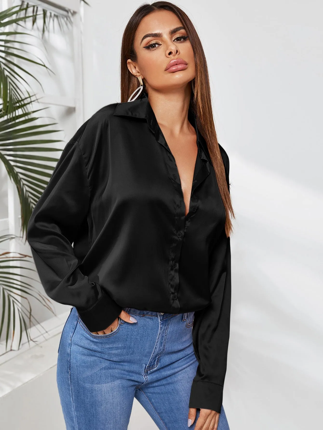 Solid Button Through Satin Blouse