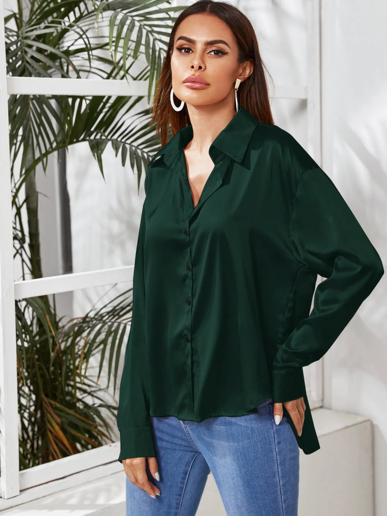 Solid Button Through Satin Blouse