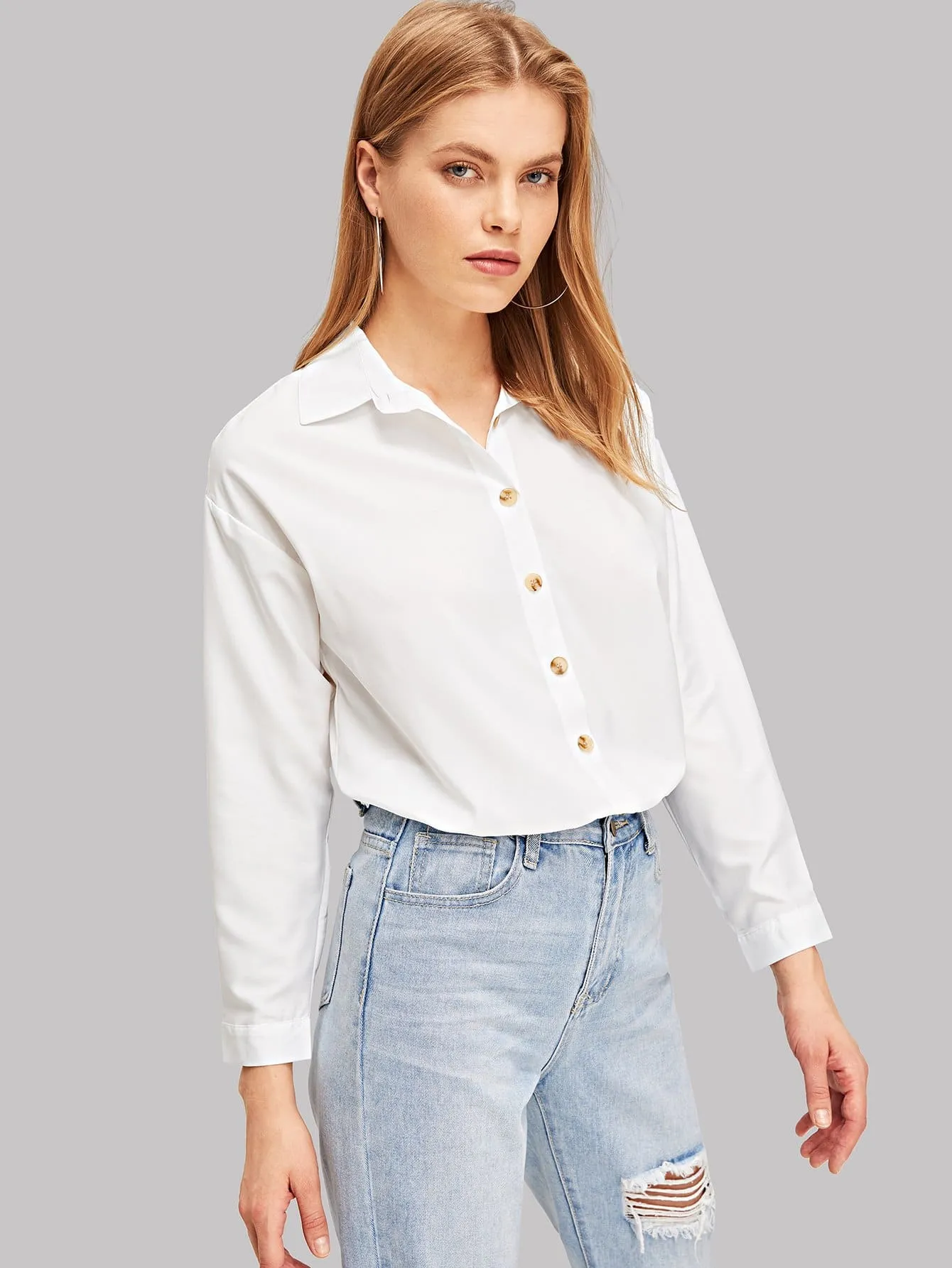 Solid Button Up Curved Hem Shirt