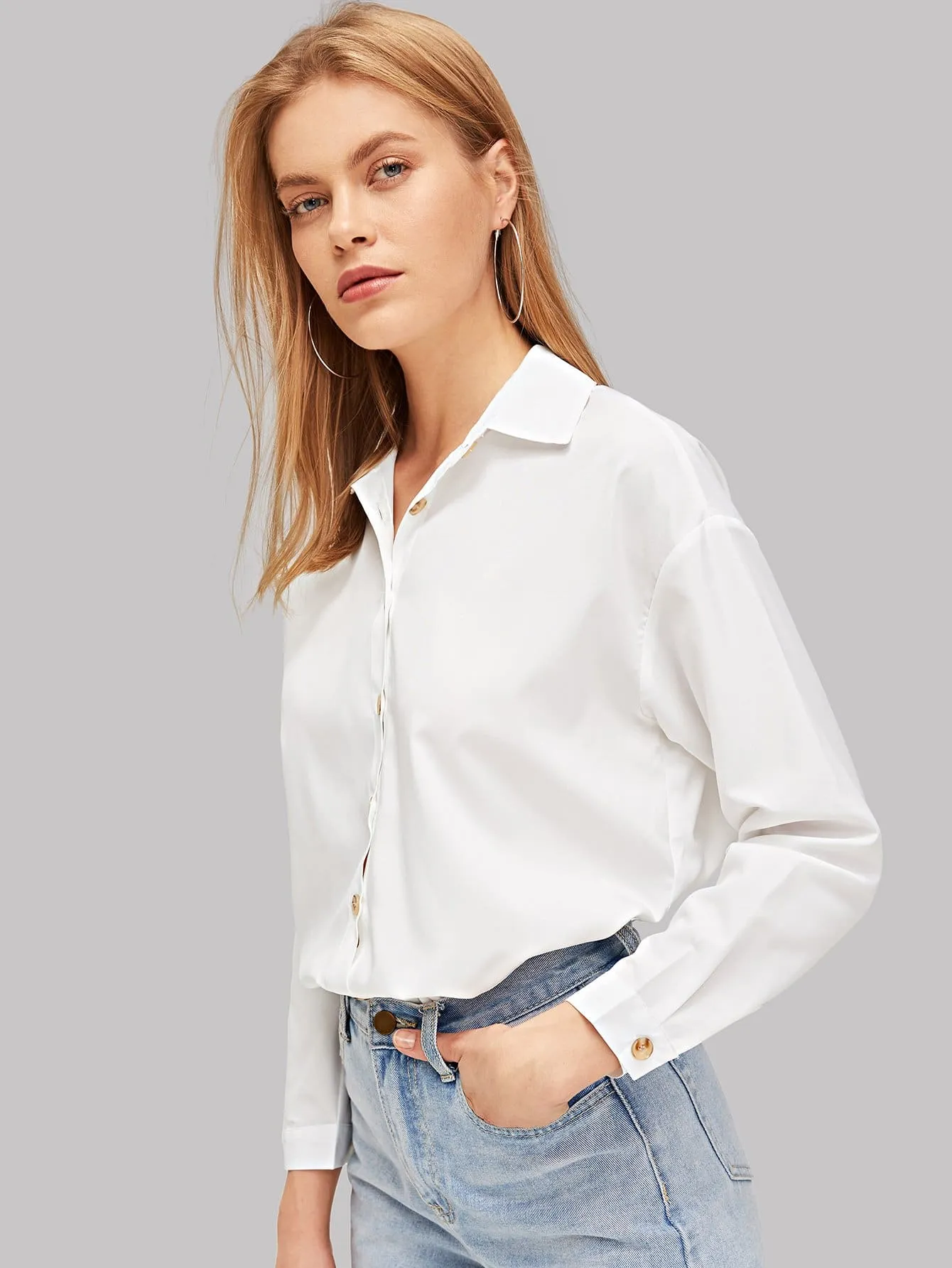 Solid Button Up Curved Hem Shirt