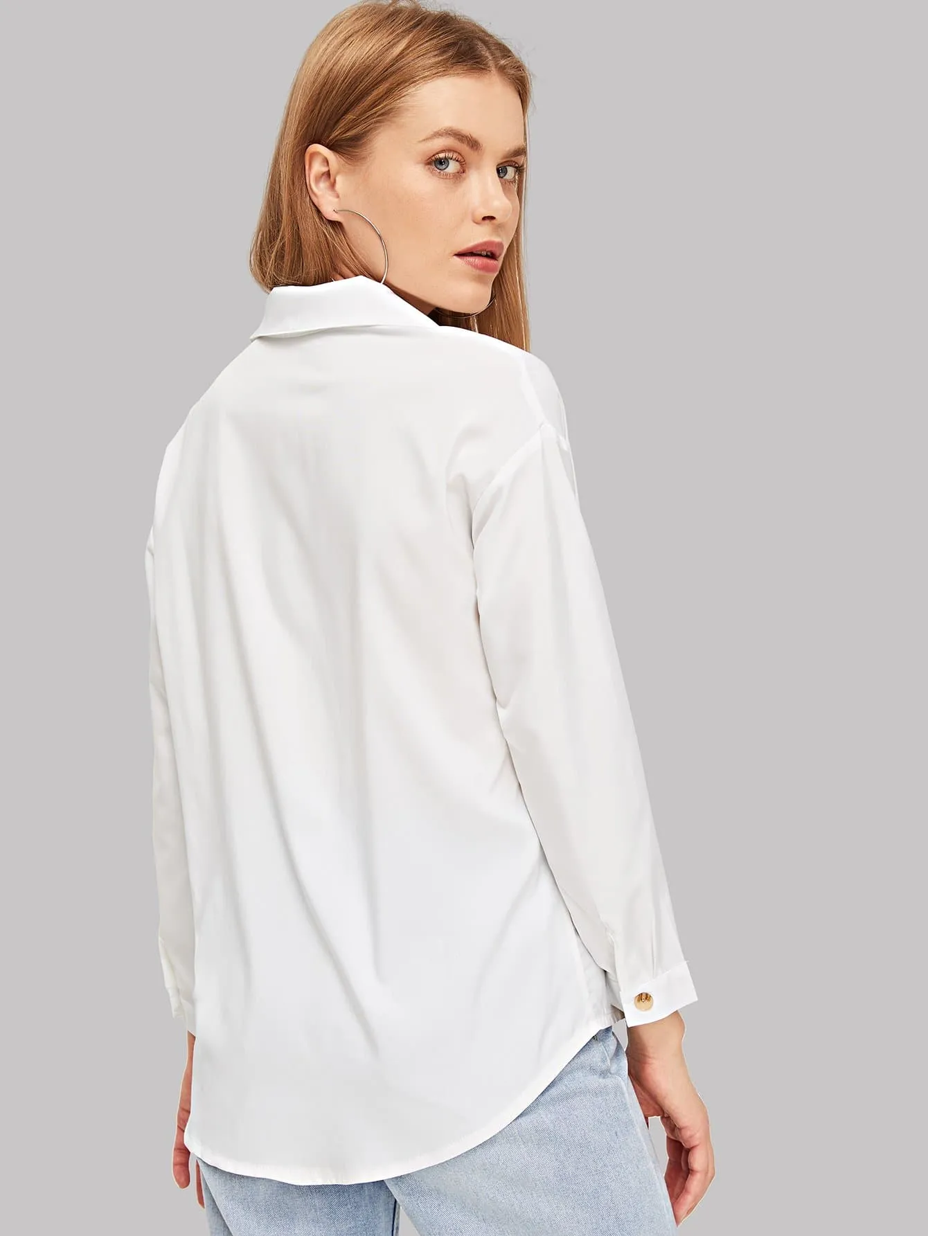 Solid Button Up Curved Hem Shirt