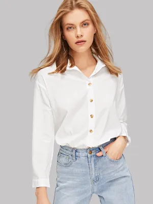 Solid Button Up Curved Hem Shirt