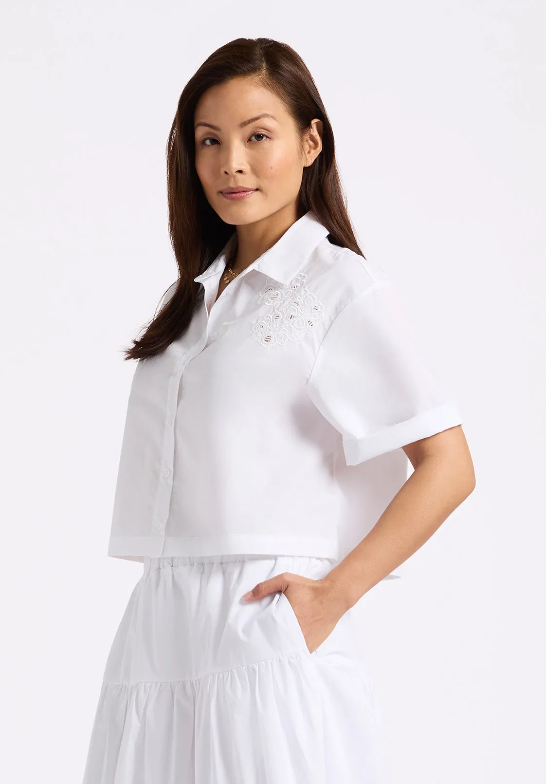 Sorcha Women's Short-Sleeve Cropped Shirt with Embroidered Floral Details, White - WT0158P