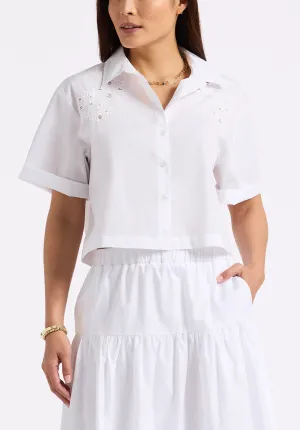 Sorcha Women's Short-Sleeve Cropped Shirt with Embroidered Floral Details, White - WT0158P