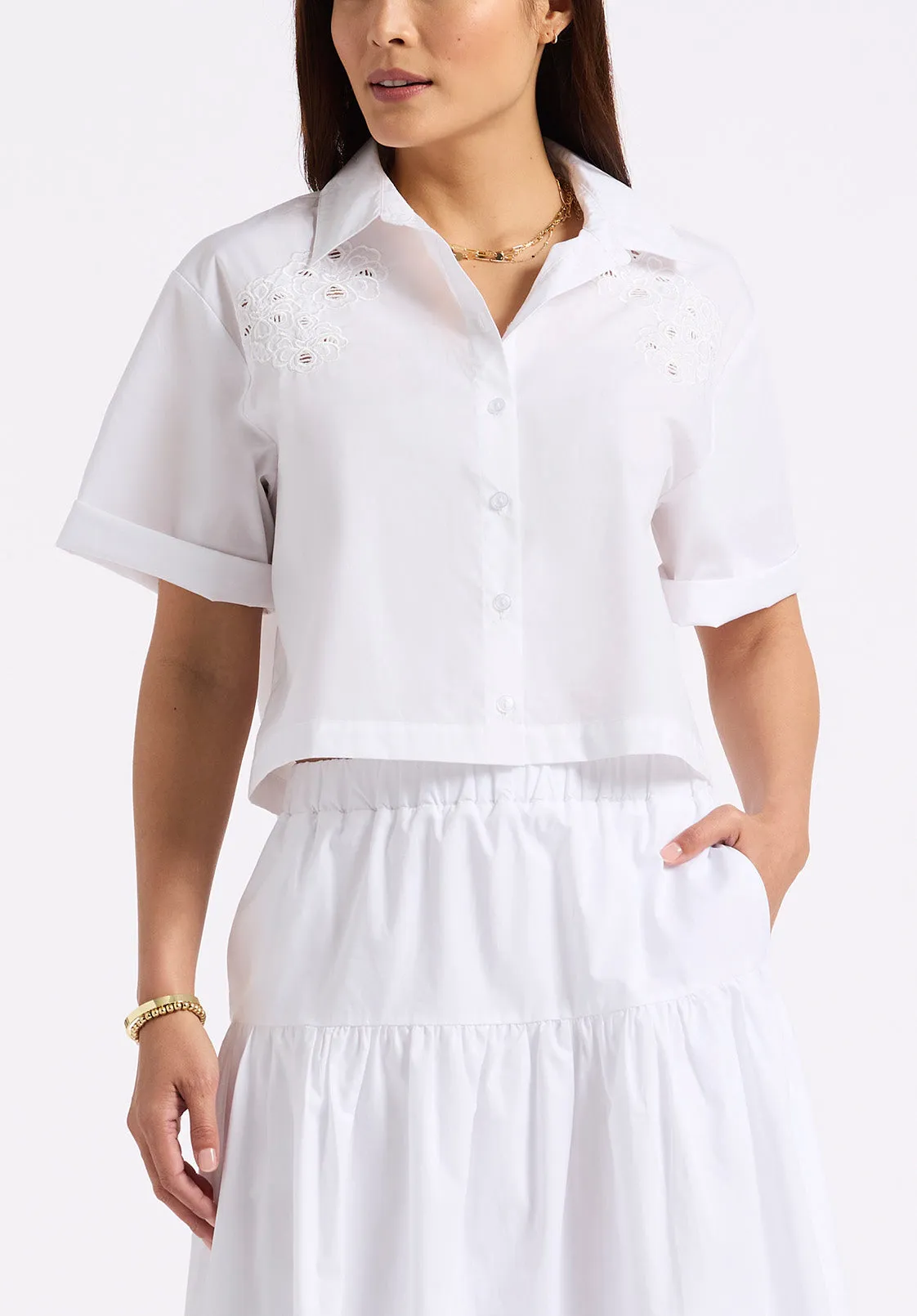 Sorcha Women's Short-Sleeve Cropped Shirt with Embroidered Floral Details, White - WT0158P