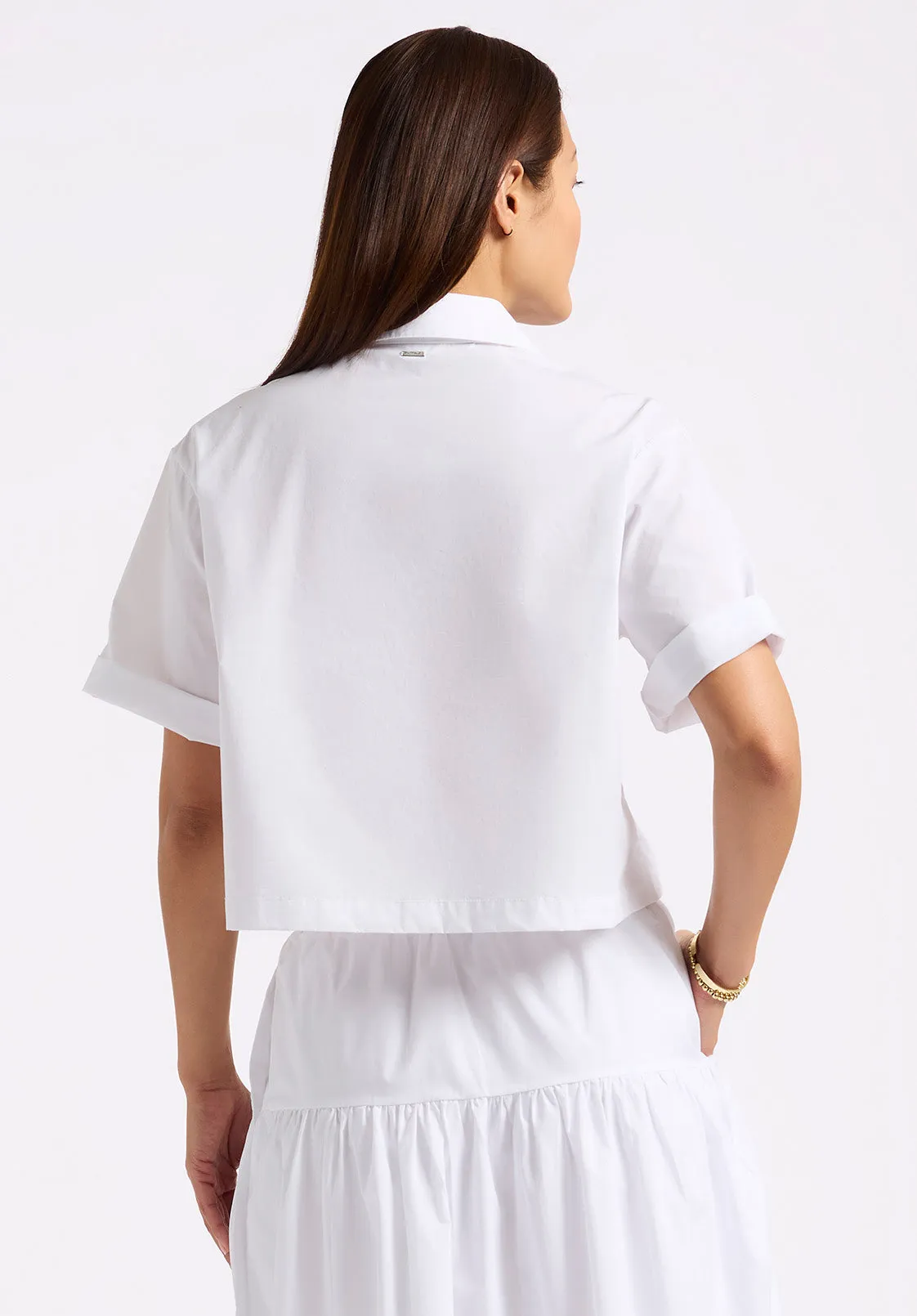 Sorcha Women's Short-Sleeve Cropped Shirt with Embroidered Floral Details, White - WT0158P