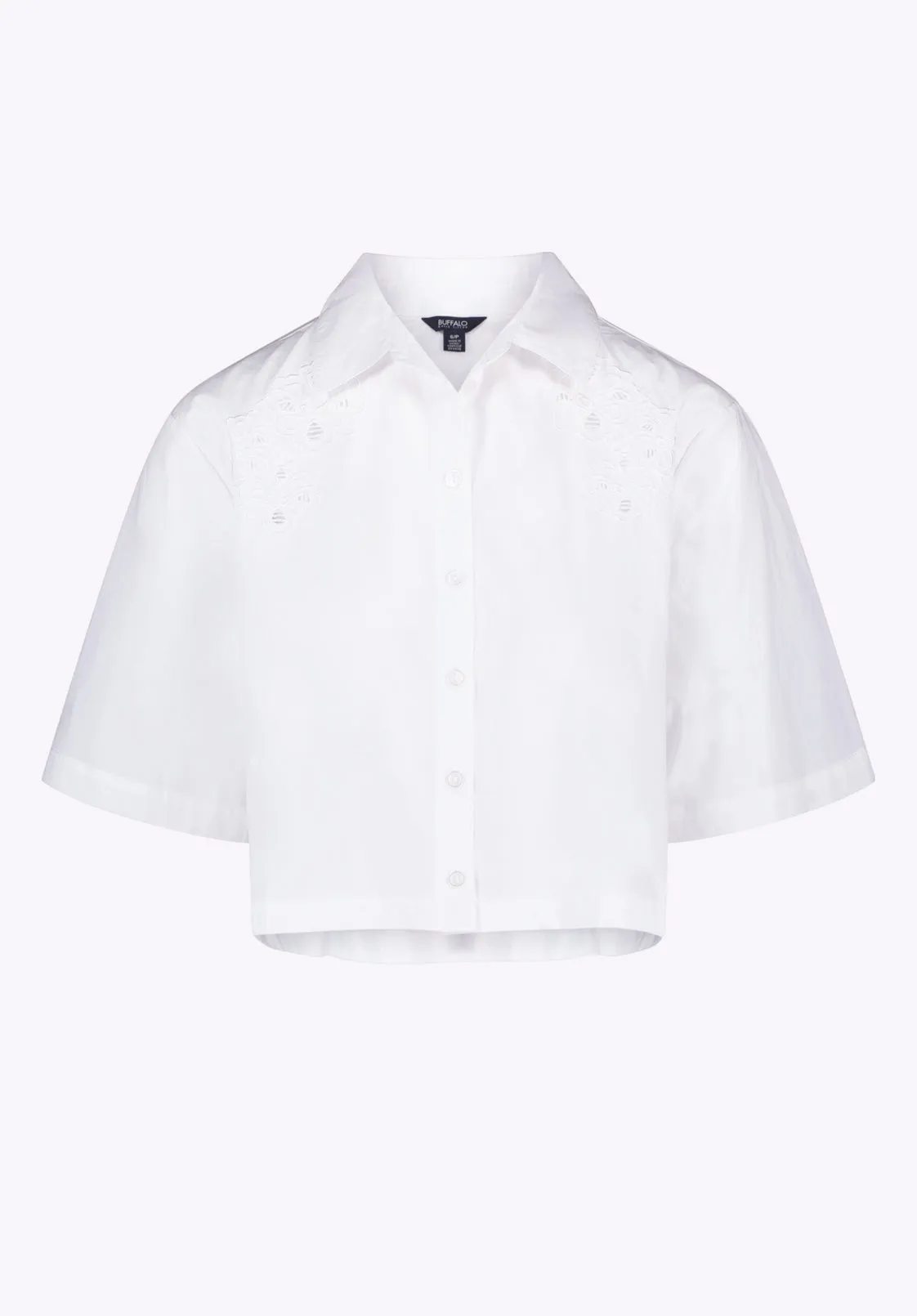 Sorcha Women's Short-Sleeve Cropped Shirt with Embroidered Floral Details, White - WT0158P
