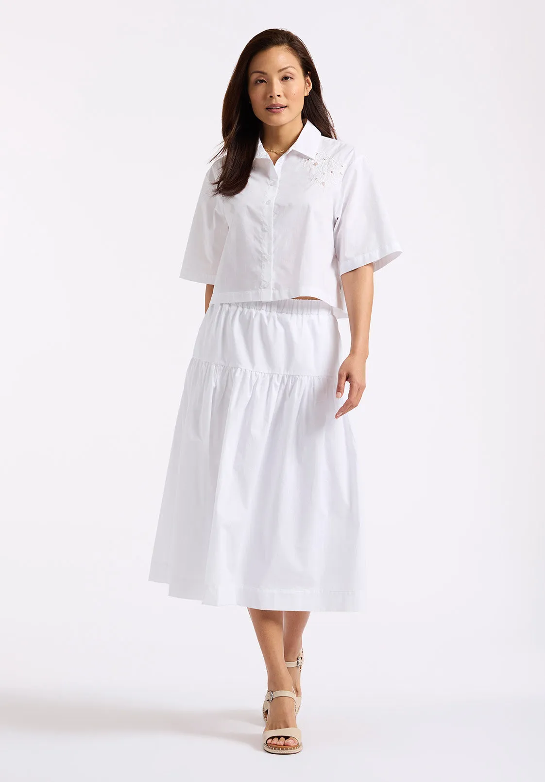 Sorcha Women's Short-Sleeve Cropped Shirt with Embroidered Floral Details, White - WT0158P