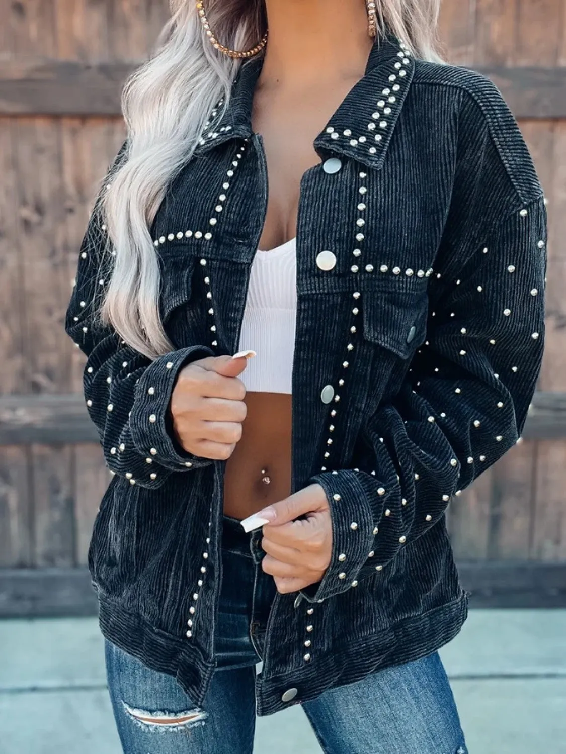Stella Studded Collared Neck Button Down Jacket