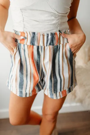 Stripe Vintage Washed Elastic Frill Waist Casual Shorts by Poppy Lee Lane