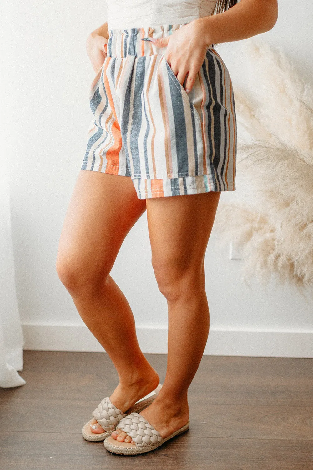 Stripe Vintage Washed Elastic Frill Waist Casual Shorts by Poppy Lee Lane