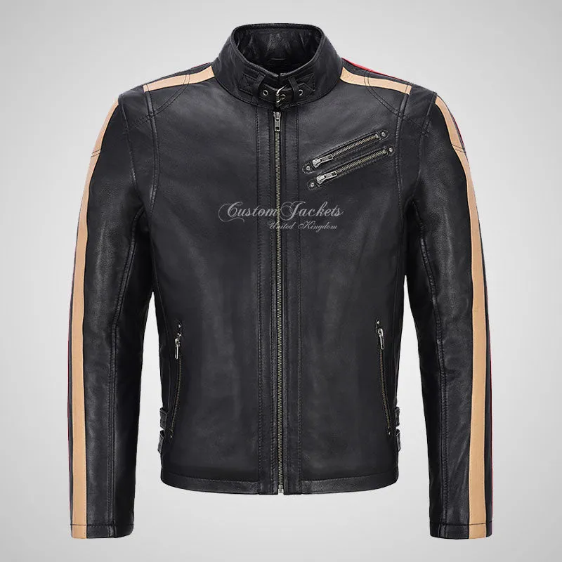 STRIPED ARM Biker Leather Jacket Black For Mens