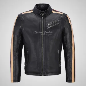 STRIPED ARM Biker Leather Jacket Black For Mens