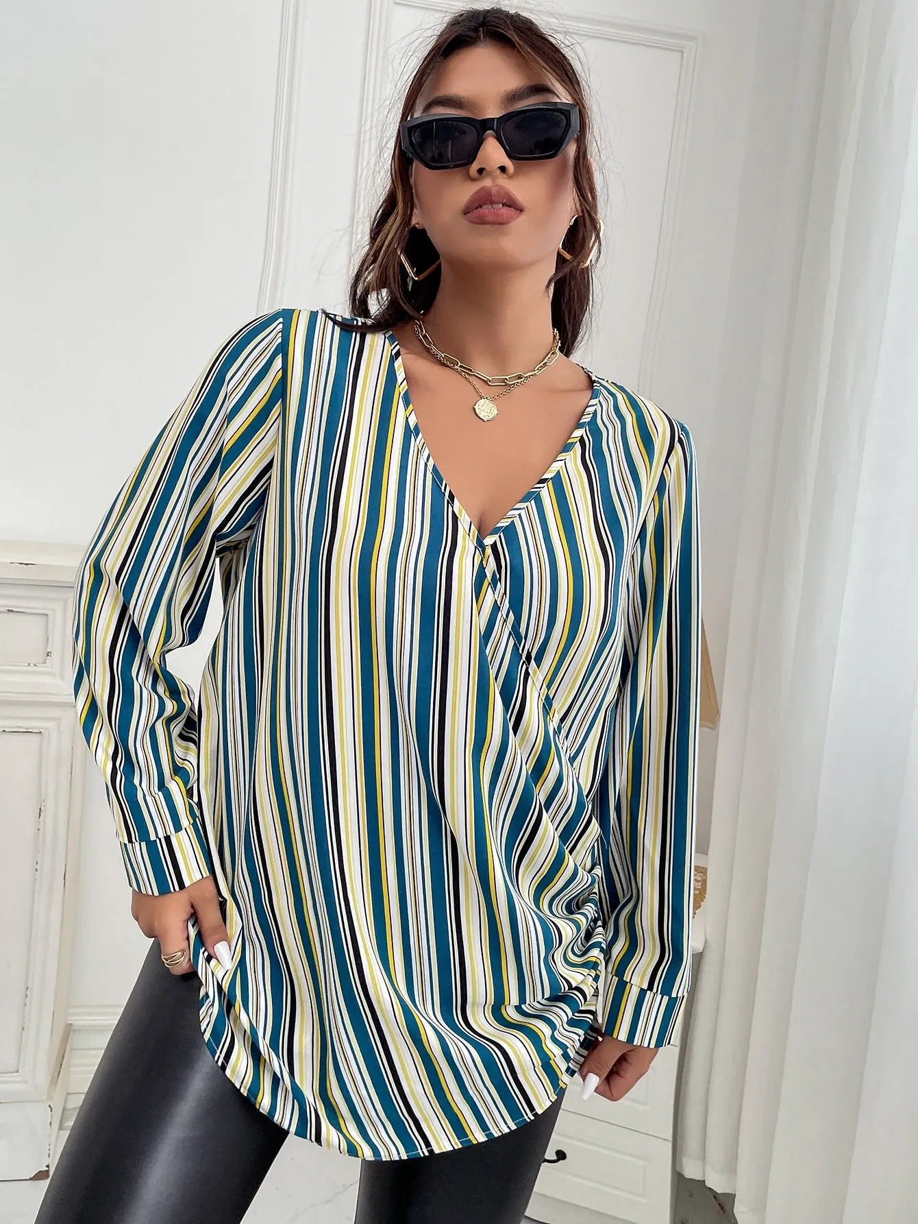 Striped Wrap Long Sleeve V Neck Long Plus Size Blouse