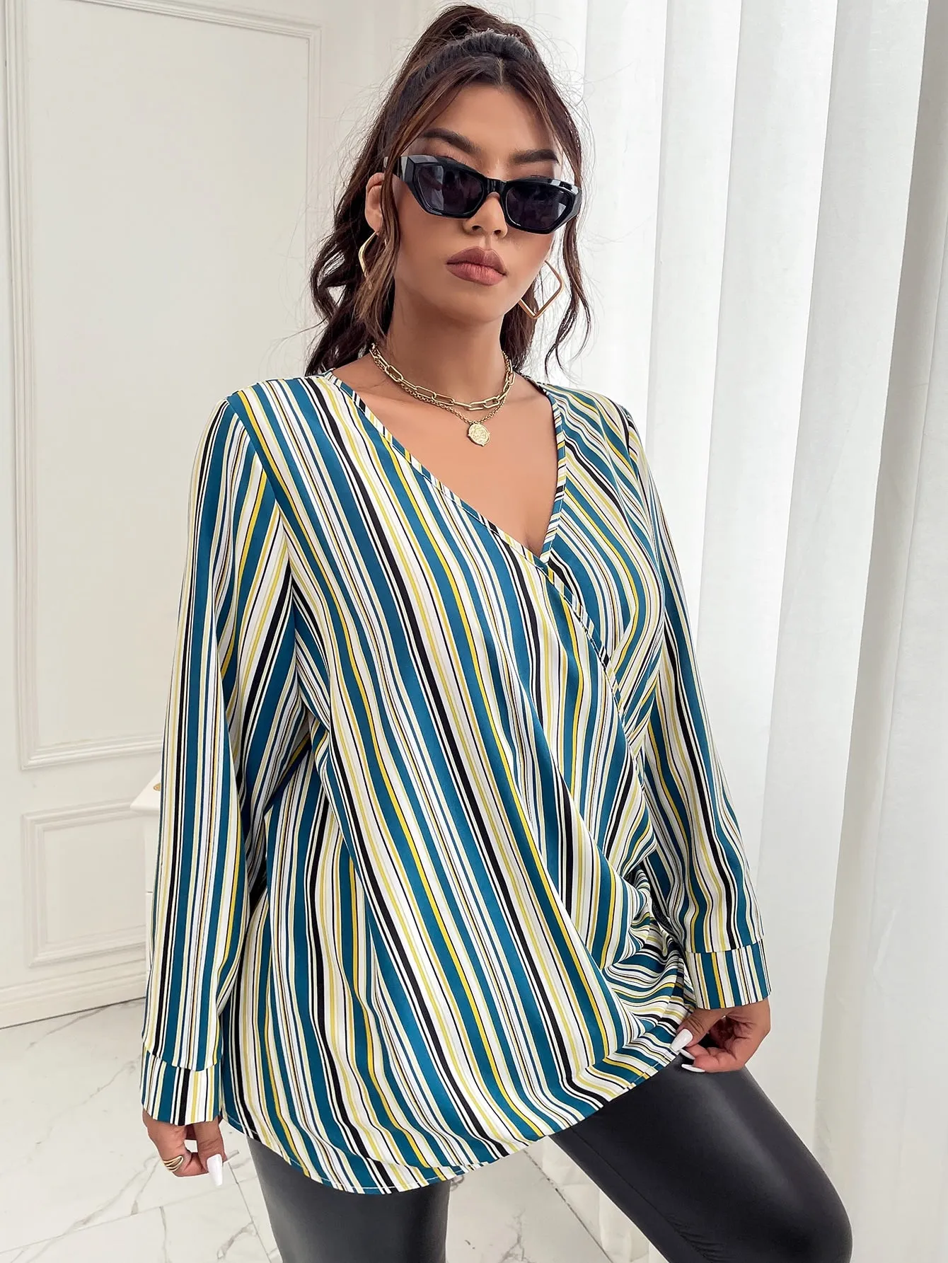 Striped Wrap Long Sleeve V Neck Long Plus Size Blouse