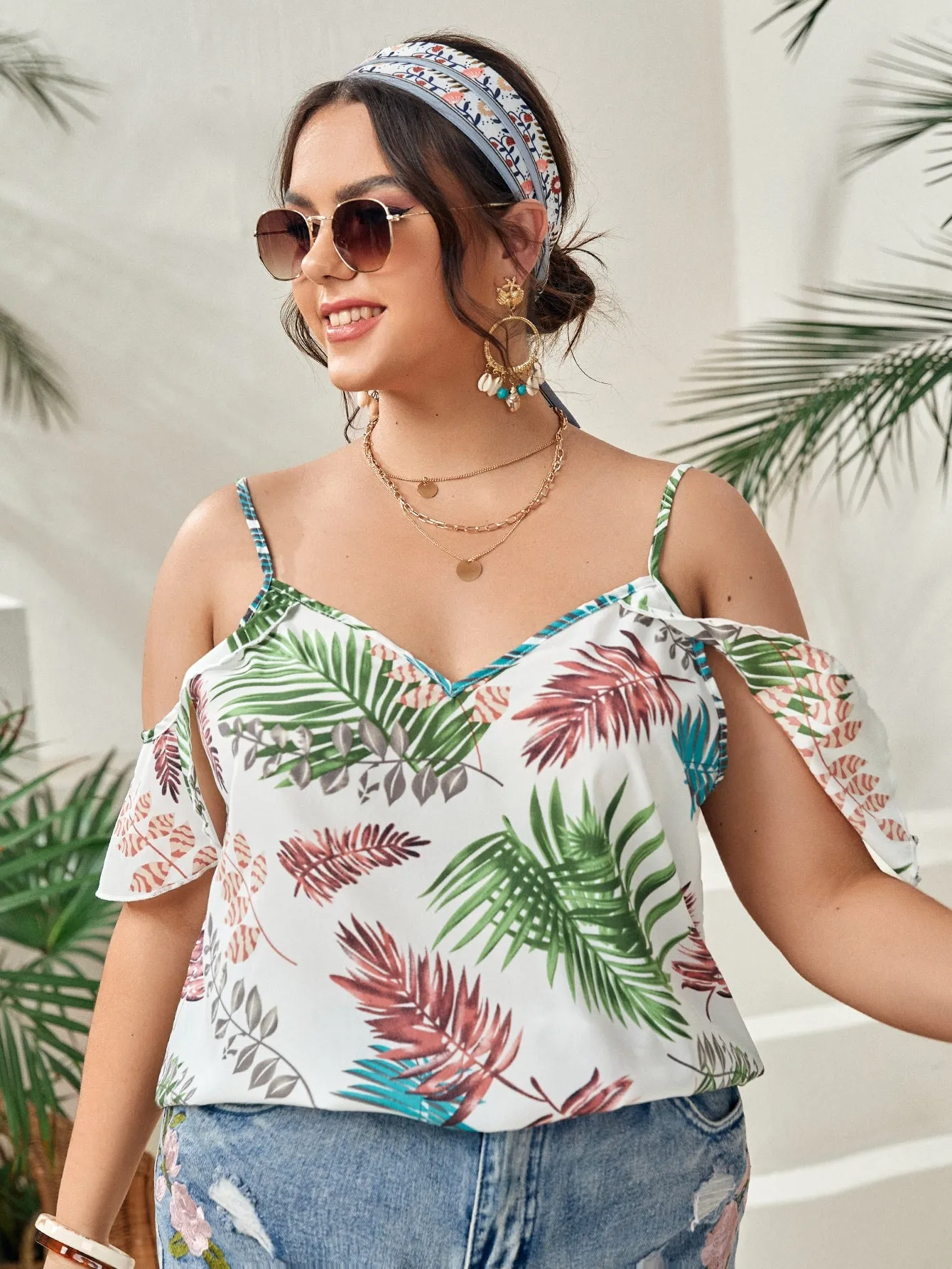 Tropical Ruffle Short Sleeve Cold Shoulder Regular Plus Size Blouse