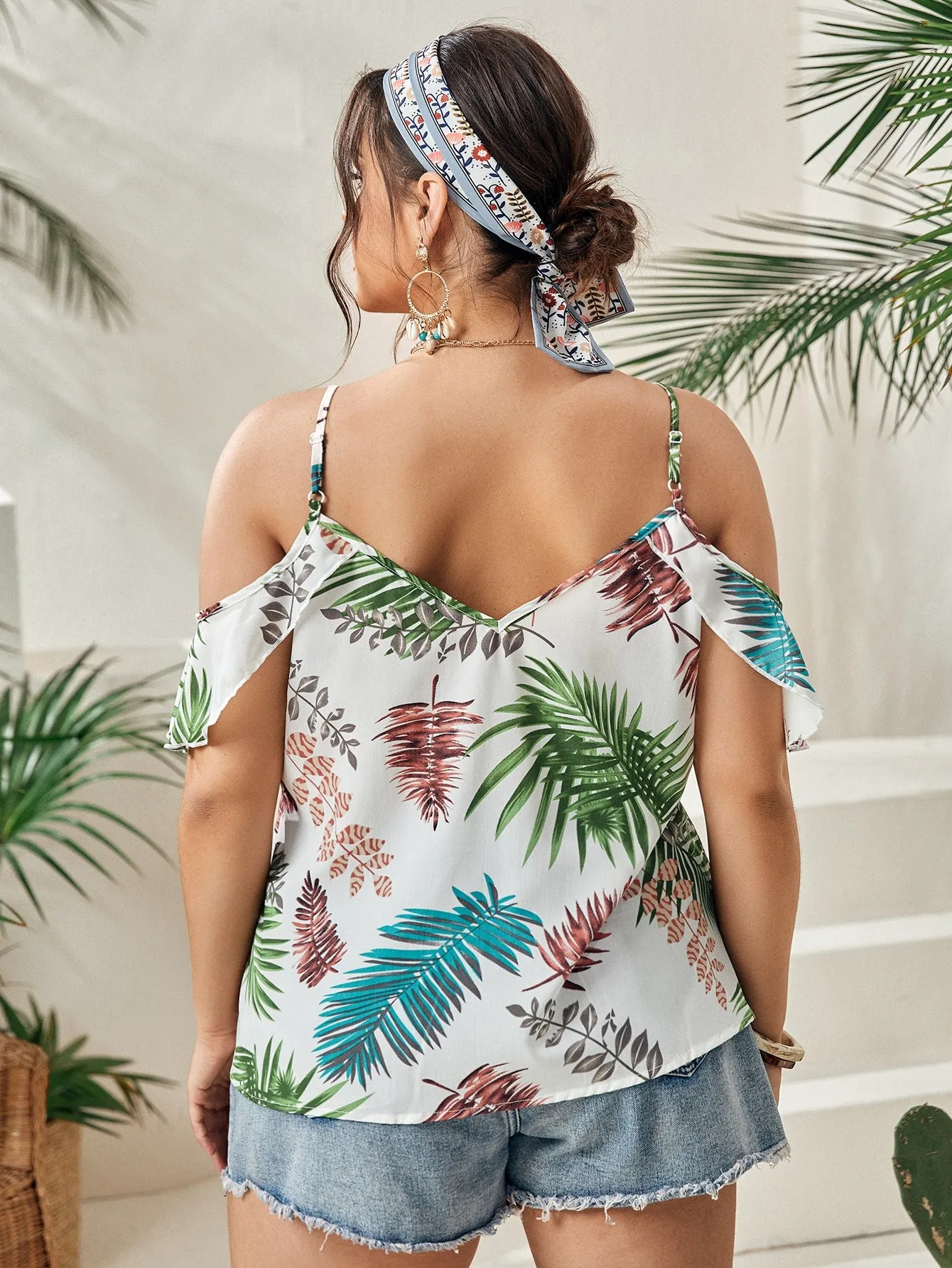 Tropical Ruffle Short Sleeve Cold Shoulder Regular Plus Size Blouse