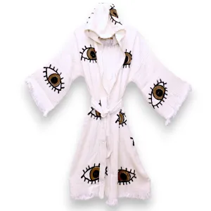 Turkish Towel Kimono Bathrobe Brown Eye Design Natural