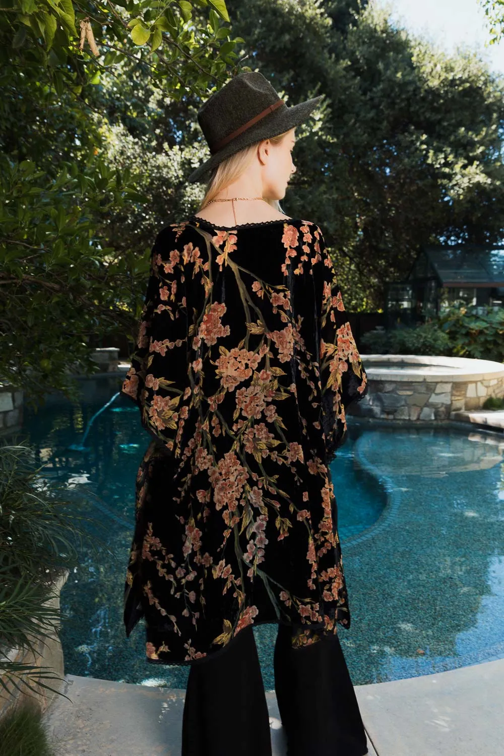 Velvet Bloom Longline Kimono w/ Cinched Armholes