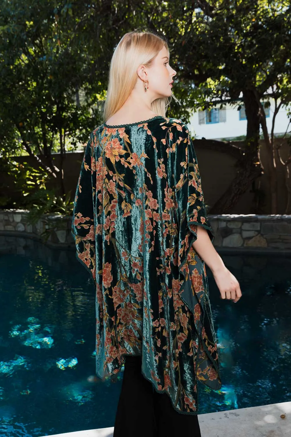 Velvet Bloom Longline Kimono w/ Cinched Armholes
