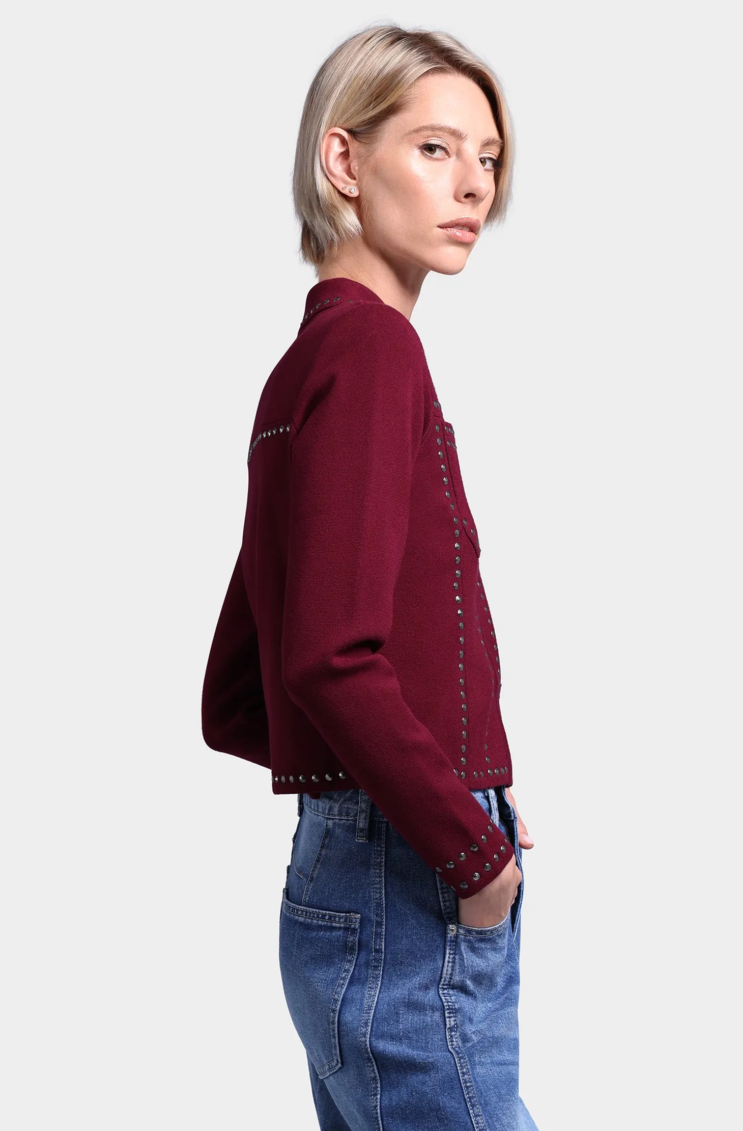 Viscose Blend Collared Zip Jacket with Studs