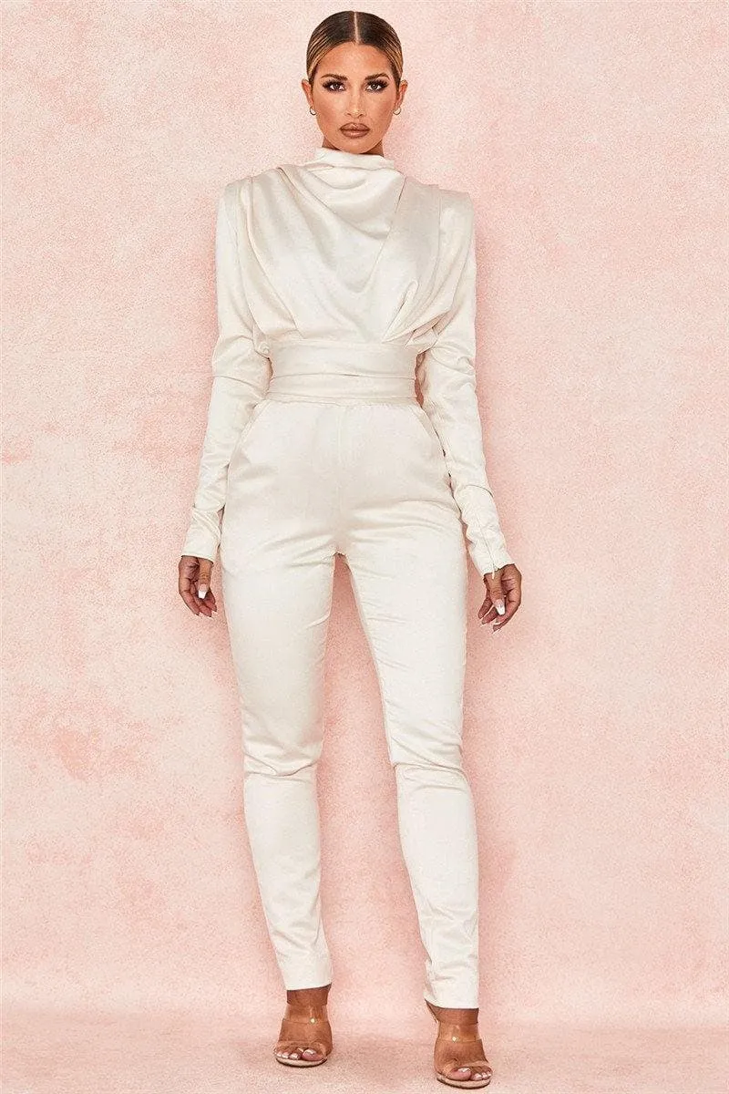 white satin pleated waist slim slimming jumpsuit