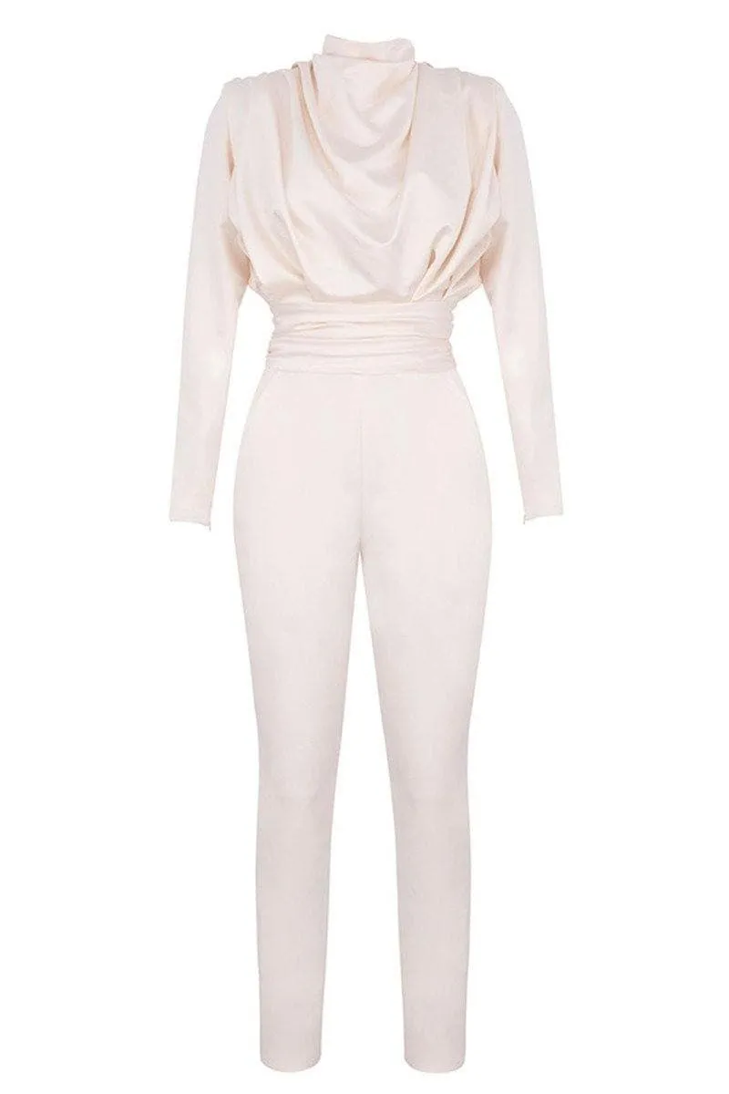 white satin pleated waist slim slimming jumpsuit