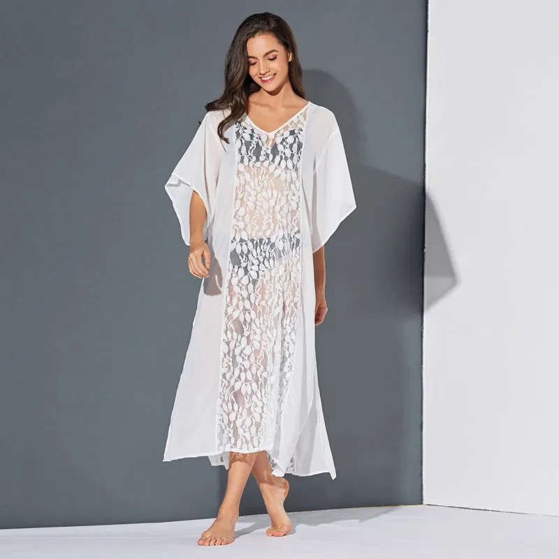 Wholesale Custom Stylish Split V-neck Sexy Summer Beach White Lace Dress Cover Up
