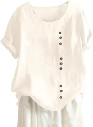 Women's Cotton Linen Shirts Short Sleeve Crewneck Blouse Button Casual Loose Fit T Shirt Tunic Tops for Summer